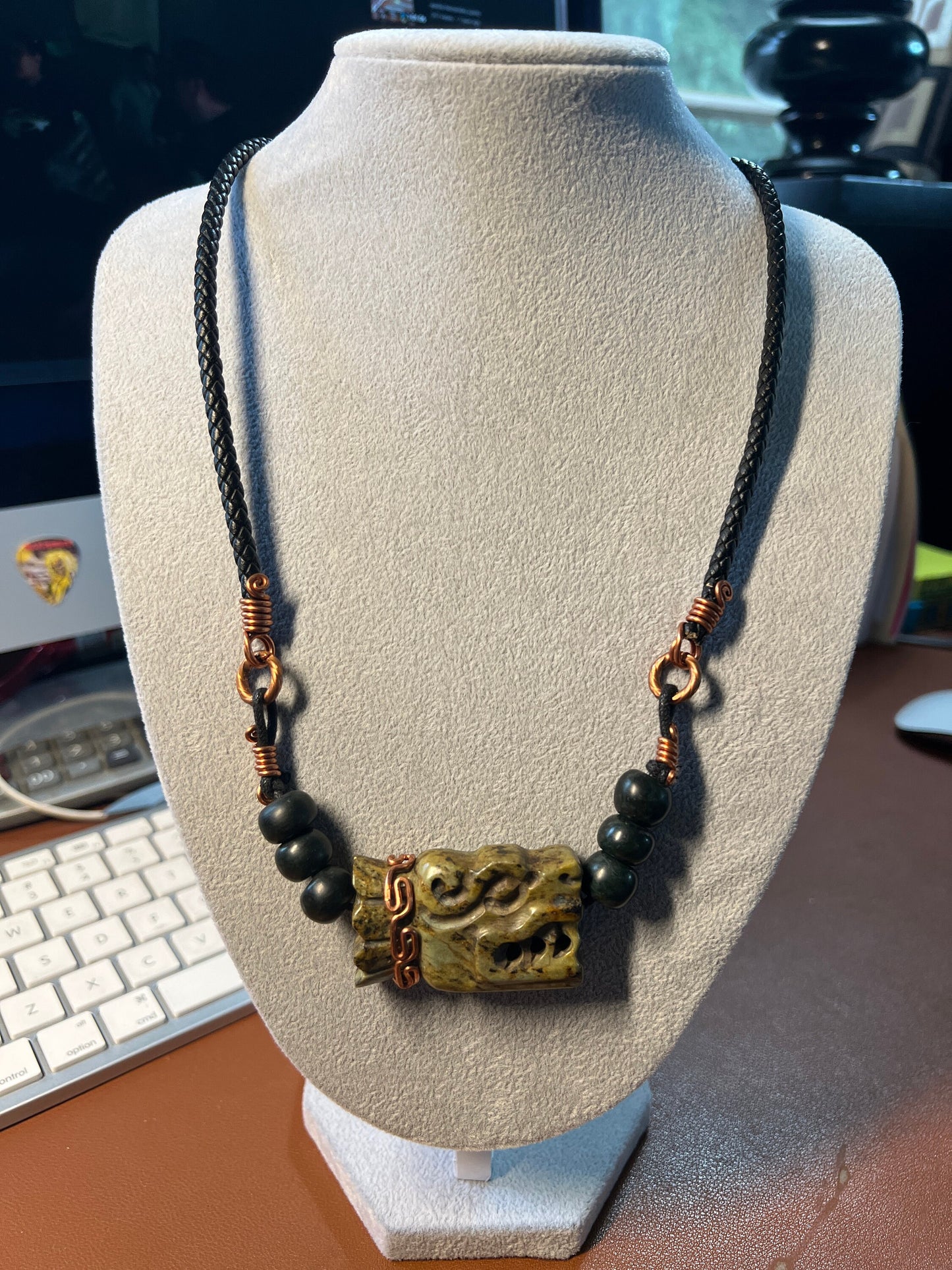 Jade Quetzalcoatl Feathered Serpent Necklace, Kukulkan Mayan Plumed Serpent Necklaces, 28", Mexica, Aztec, Mexico (#A)