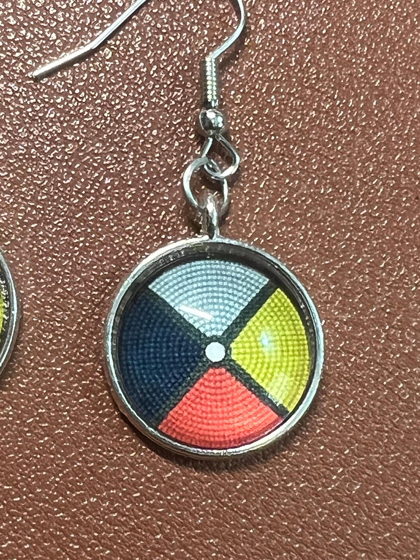 Native American Style Silver Tone Beaded Print 4 Direction Wheel Dangle Drop Earrings Jewelry (#5)