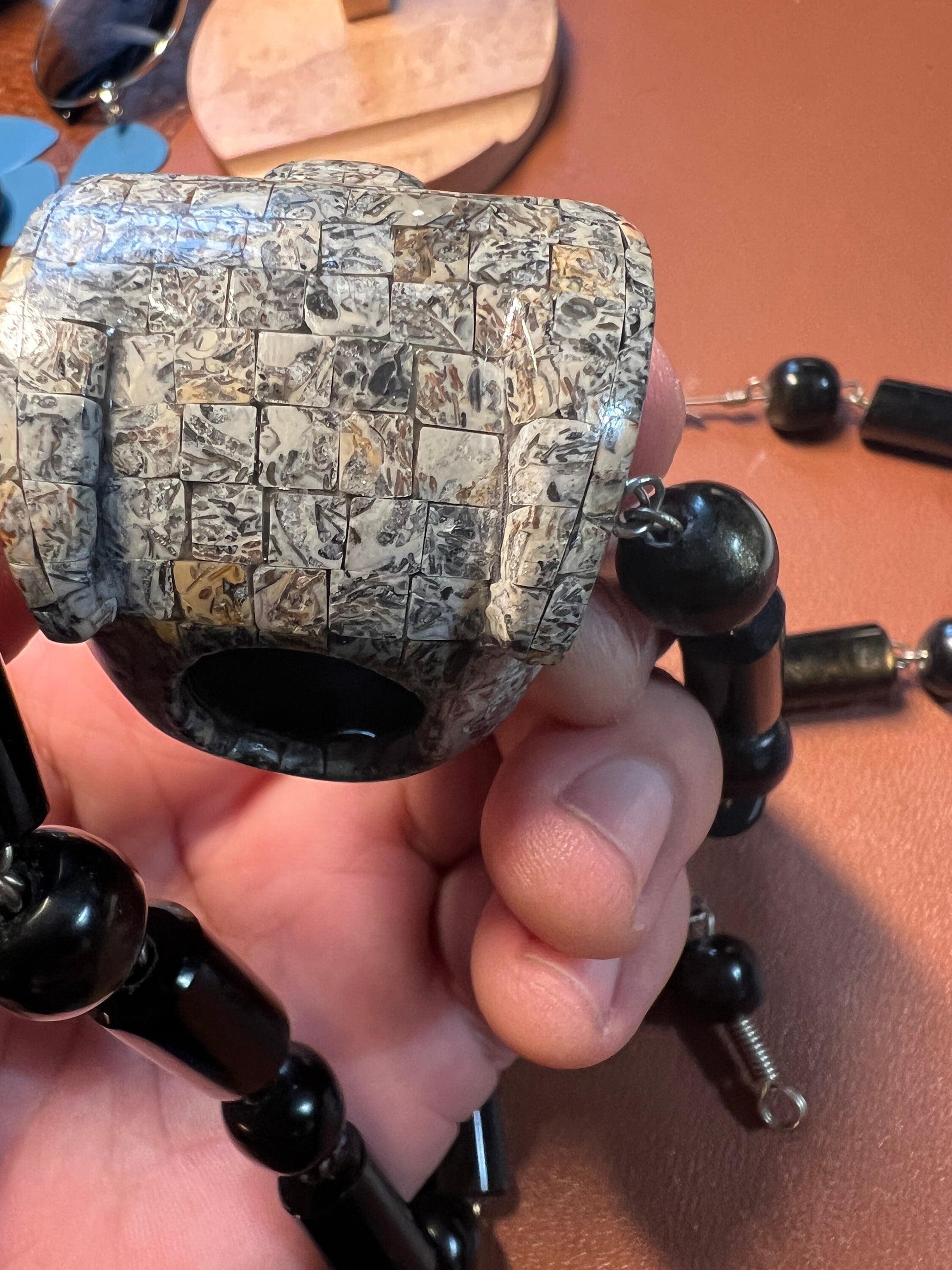 Jaguar Stone Tile Mosaic Chalcedony / Clacedonia Pendant with Golden Black Obsidian Beaded Necklace, 20" (#A)