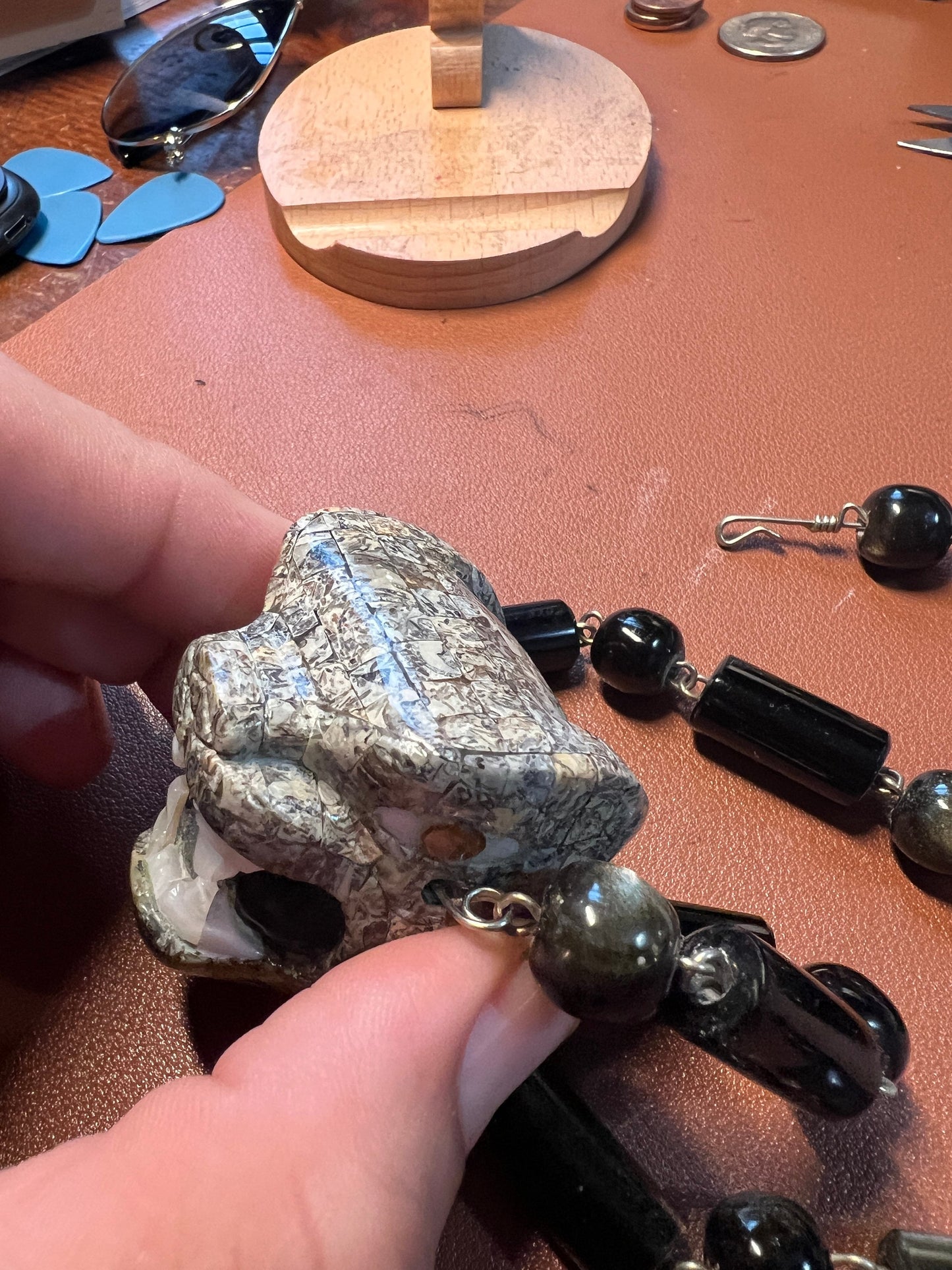 Jaguar Stone Tile Mosaic Chalcedony / Clacedonia Pendant with Golden Black Obsidian Beaded Necklace, 20" (#A)