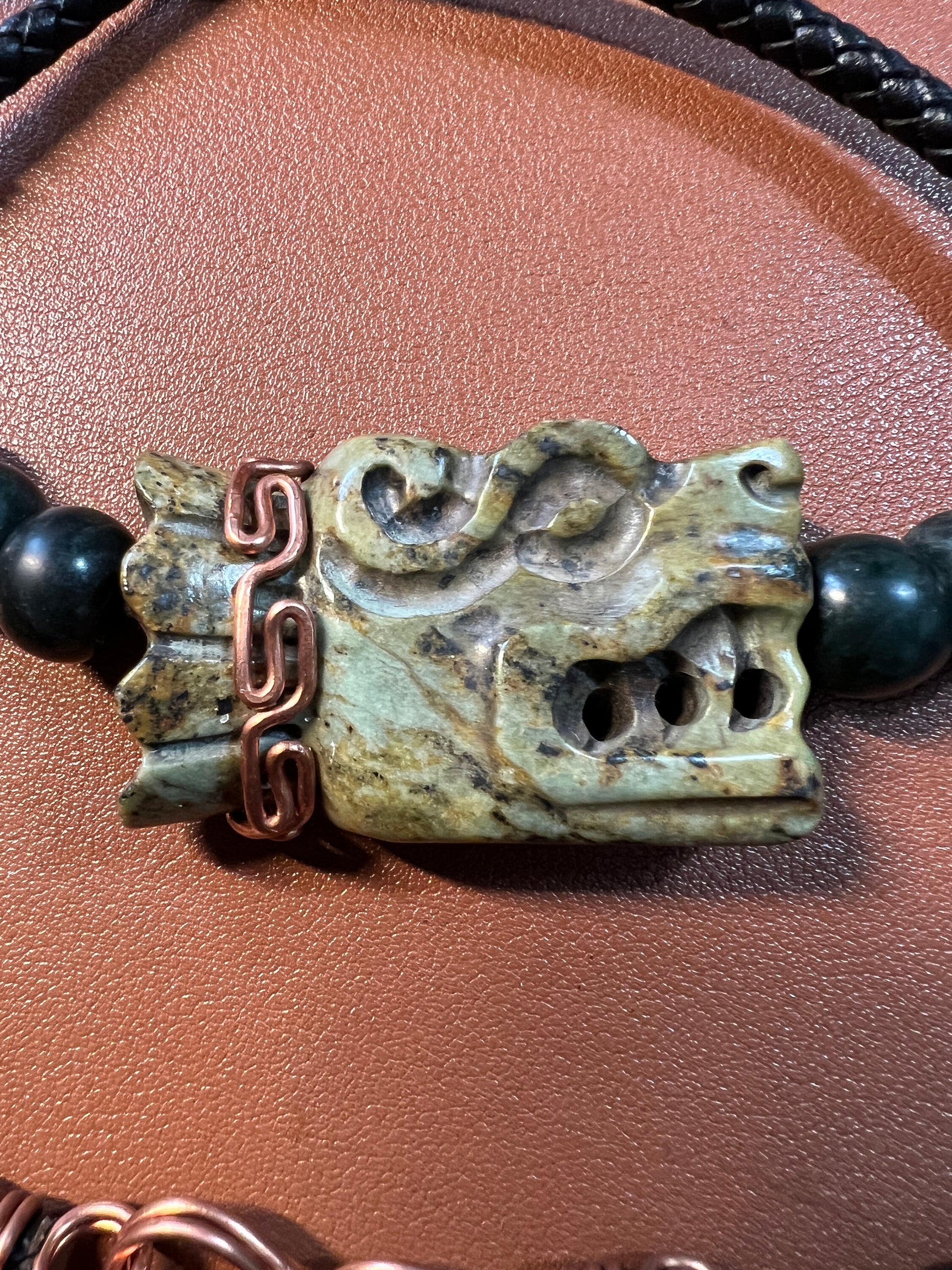 Jade Quetzalcoatl Feathered Serpent Necklace, Kukulkan Mayan Plumed Serpent Necklaces, 28", Mexica, Aztec, Mexico (#A)