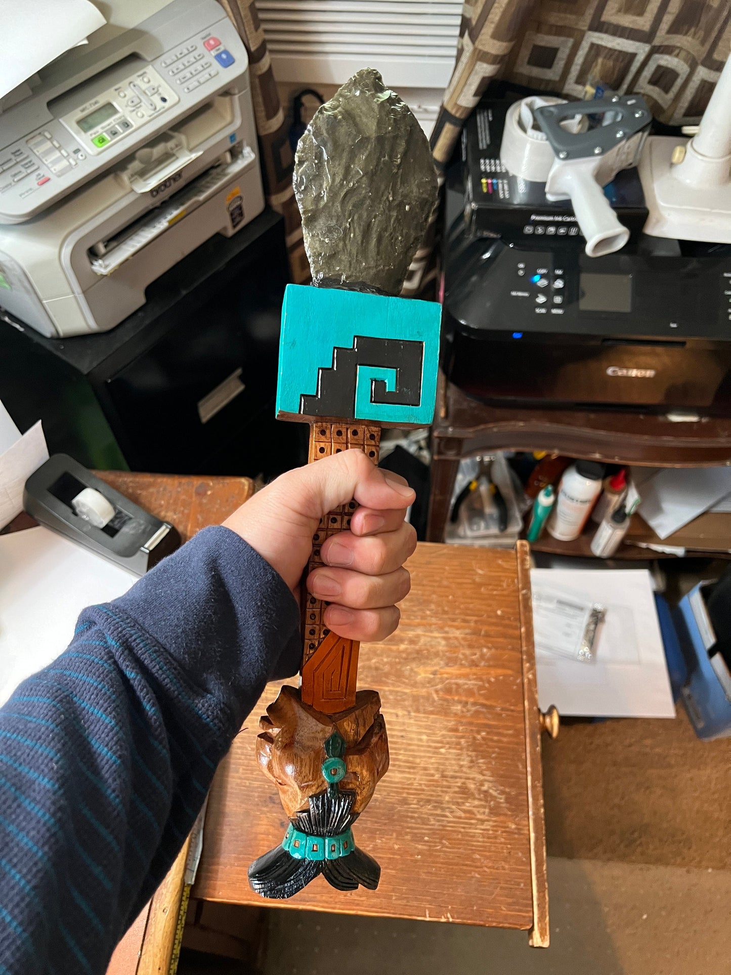 Mayan Sacrificial Dagger, Ancient Weapons of Meso-America, Replic Maya Knife, Wood and Obsidian 17"
