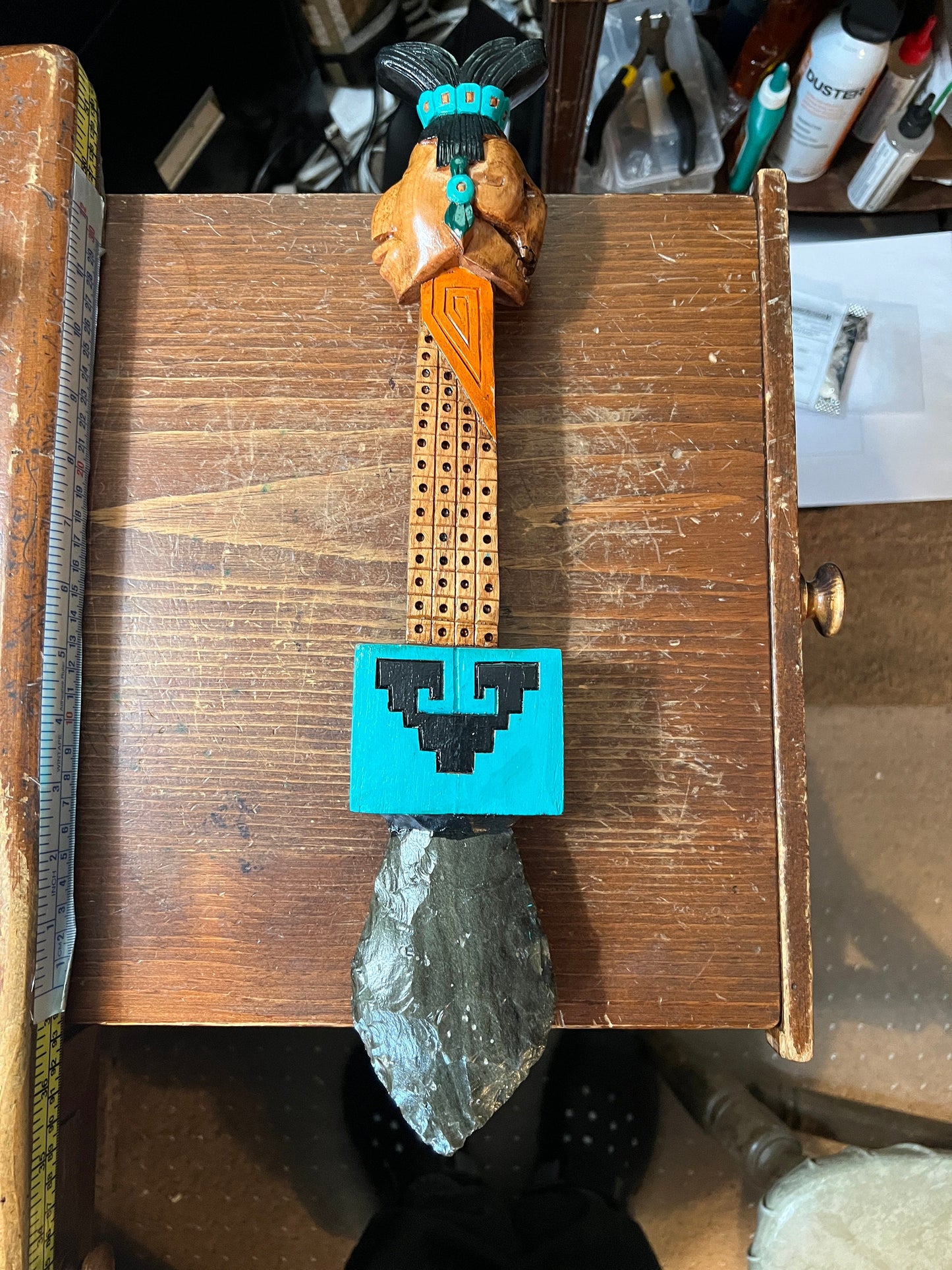 Mayan Sacrificial Dagger, Ancient Weapons of Meso-America, Replic Maya Knife, Wood and Obsidian 17"