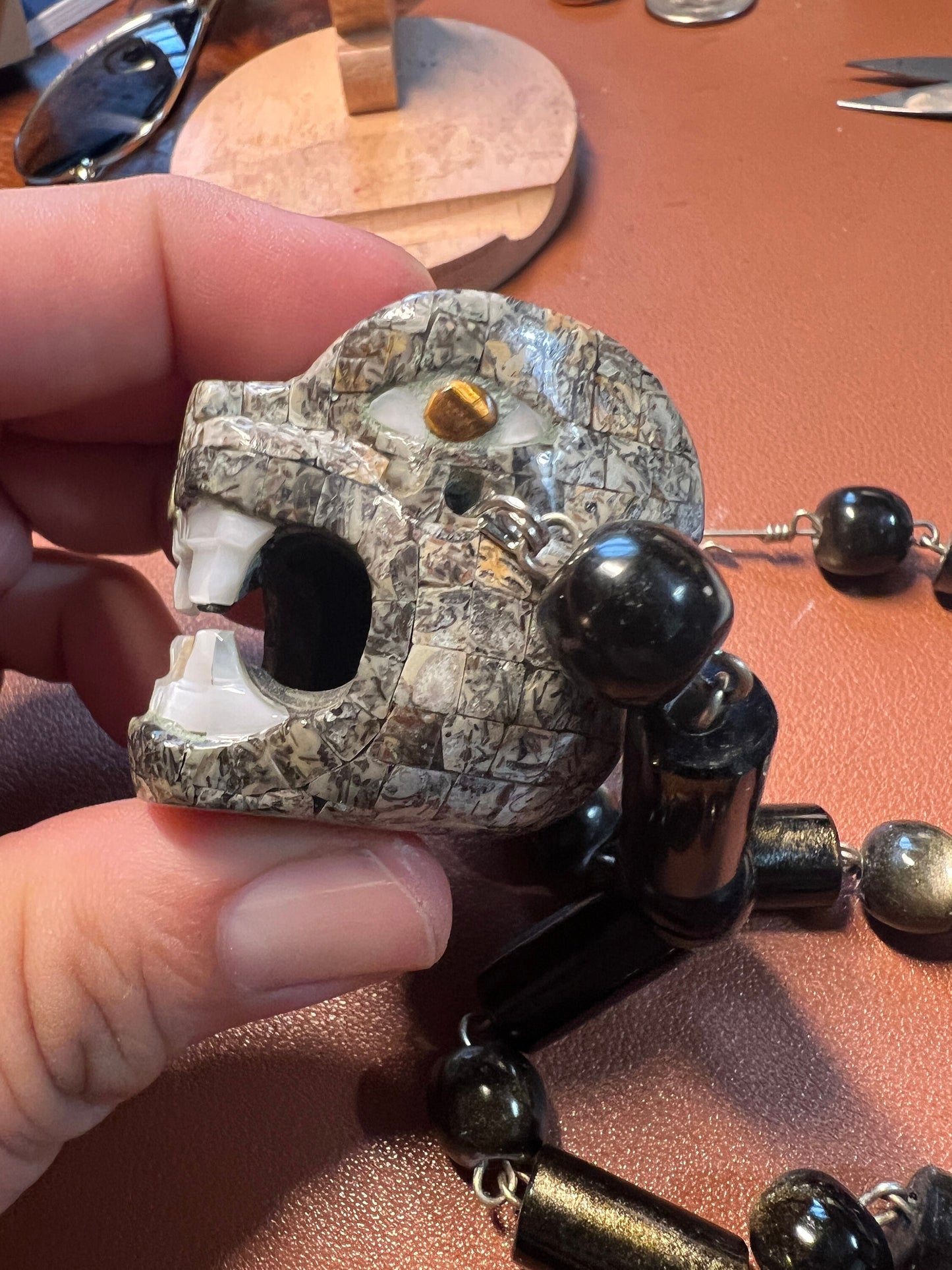 Jaguar Stone Tile Mosaic Chalcedony / Clacedonia Pendant with Golden Black Obsidian Beaded Necklace, 20" (#A)