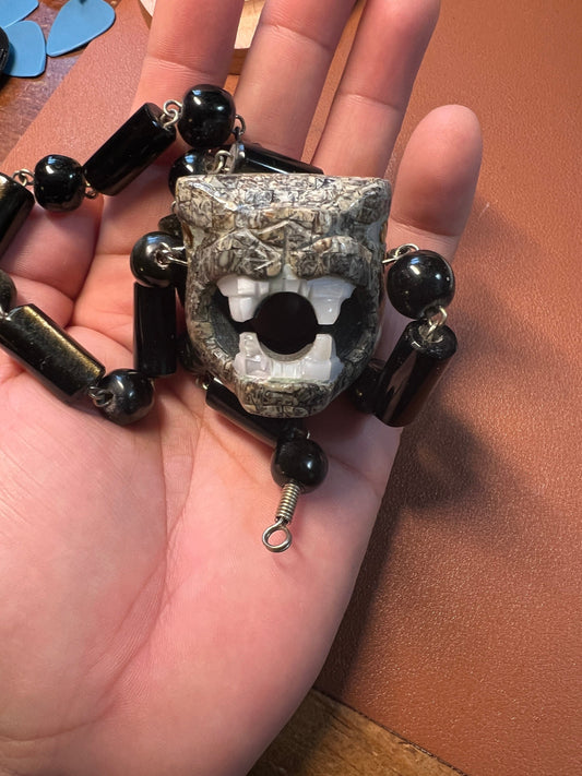 Jaguar Stone Tile Mosaic Chalcedony / Clacedonia Pendant with Golden Black Obsidian Beaded Necklace, 20" (#A)