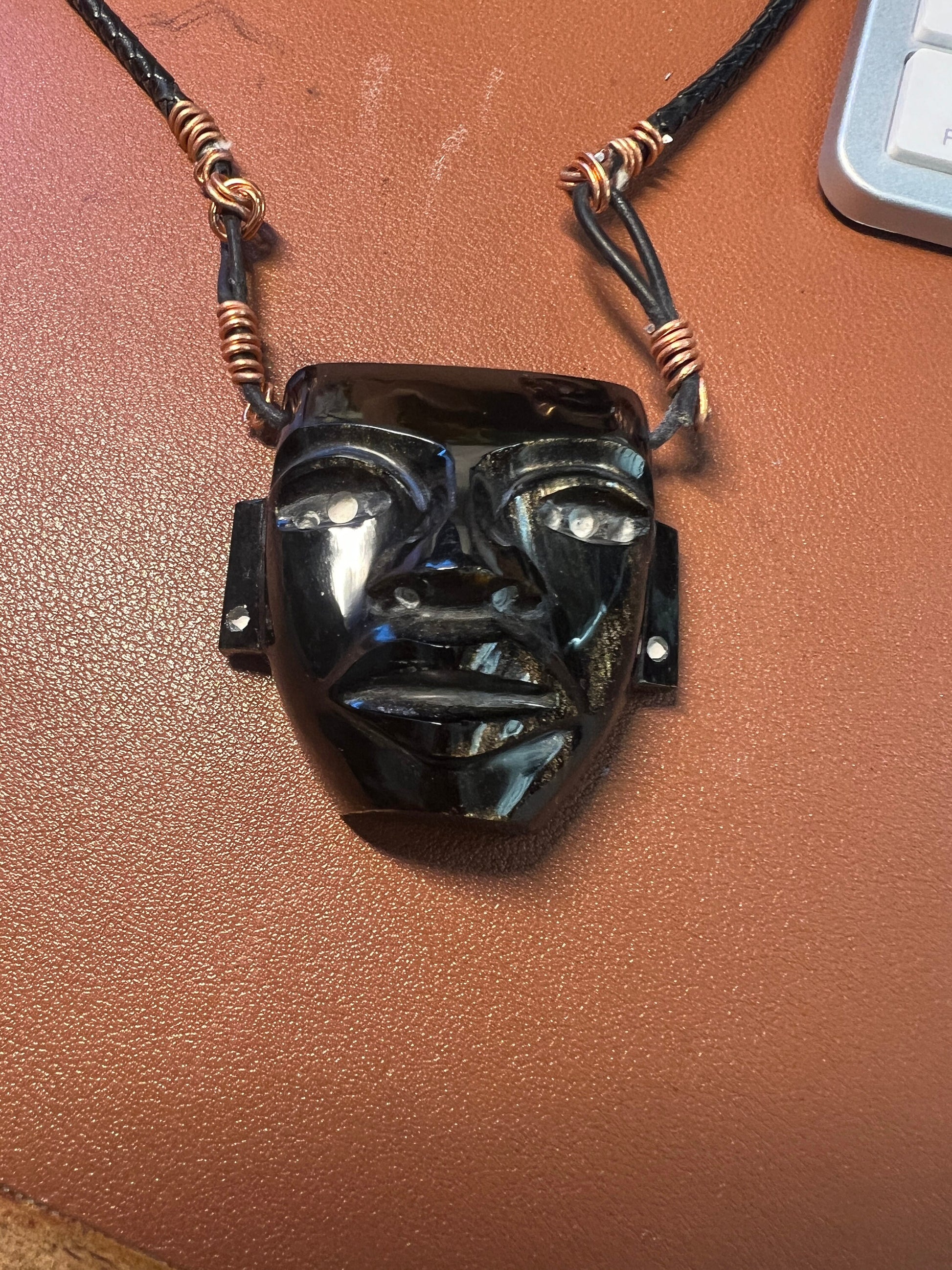 Black Gold Sheen Obsidian Mayan Mask Pendant Necklace with Braided Necklace and Copper Aluminum Bindings, (#A)