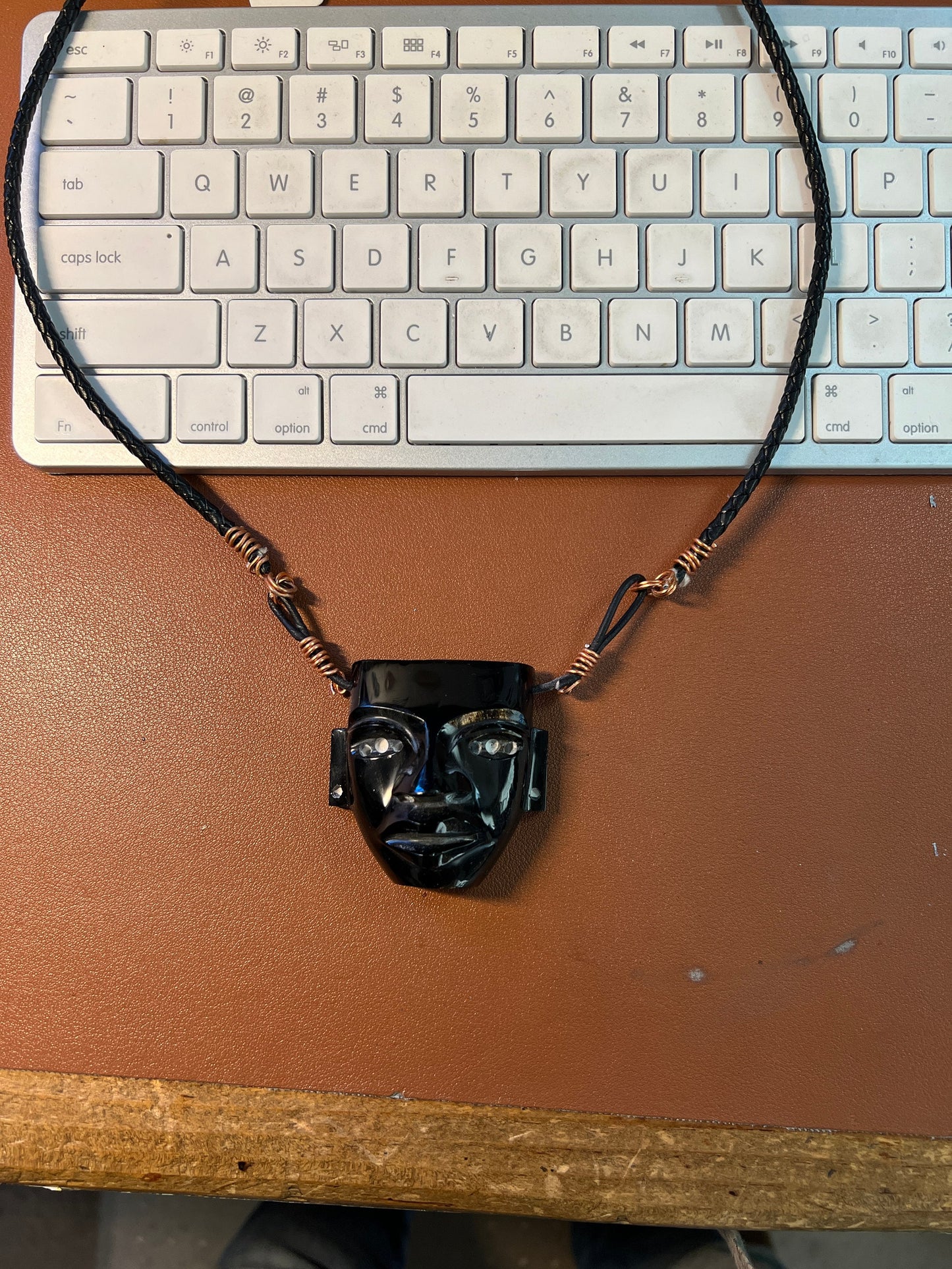 Black Gold Sheen Obsidian Mayan Mask Pendant Necklace with Braided Necklace and Copper Aluminum Bindings, (#A)
