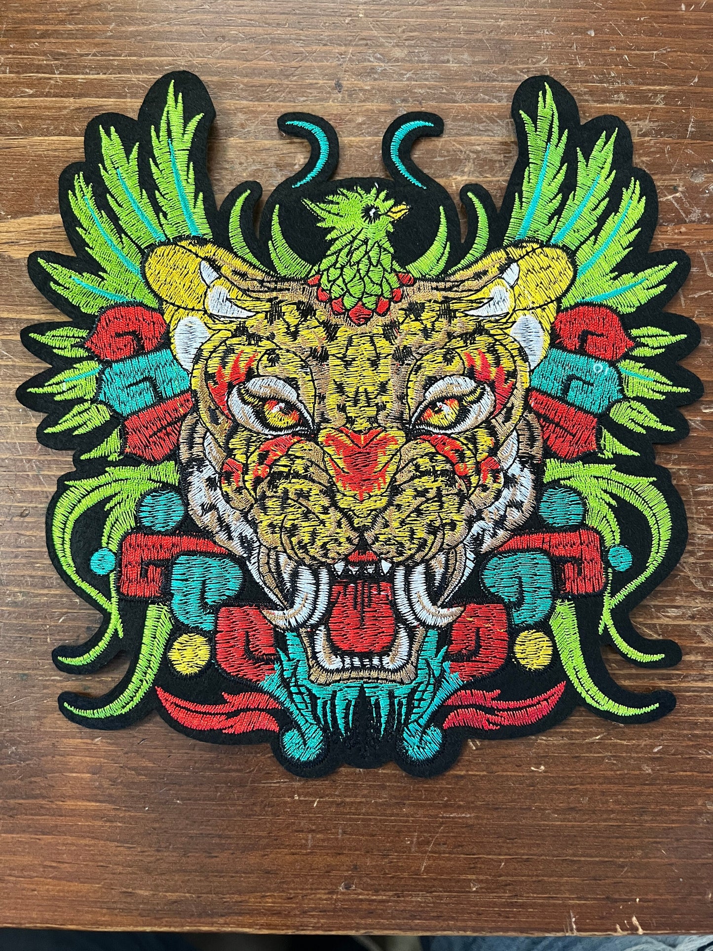 Large Aztec Back Patch, 9", Jaguar, Eagle, Colorful, embroidered patches, Iron On (#11)