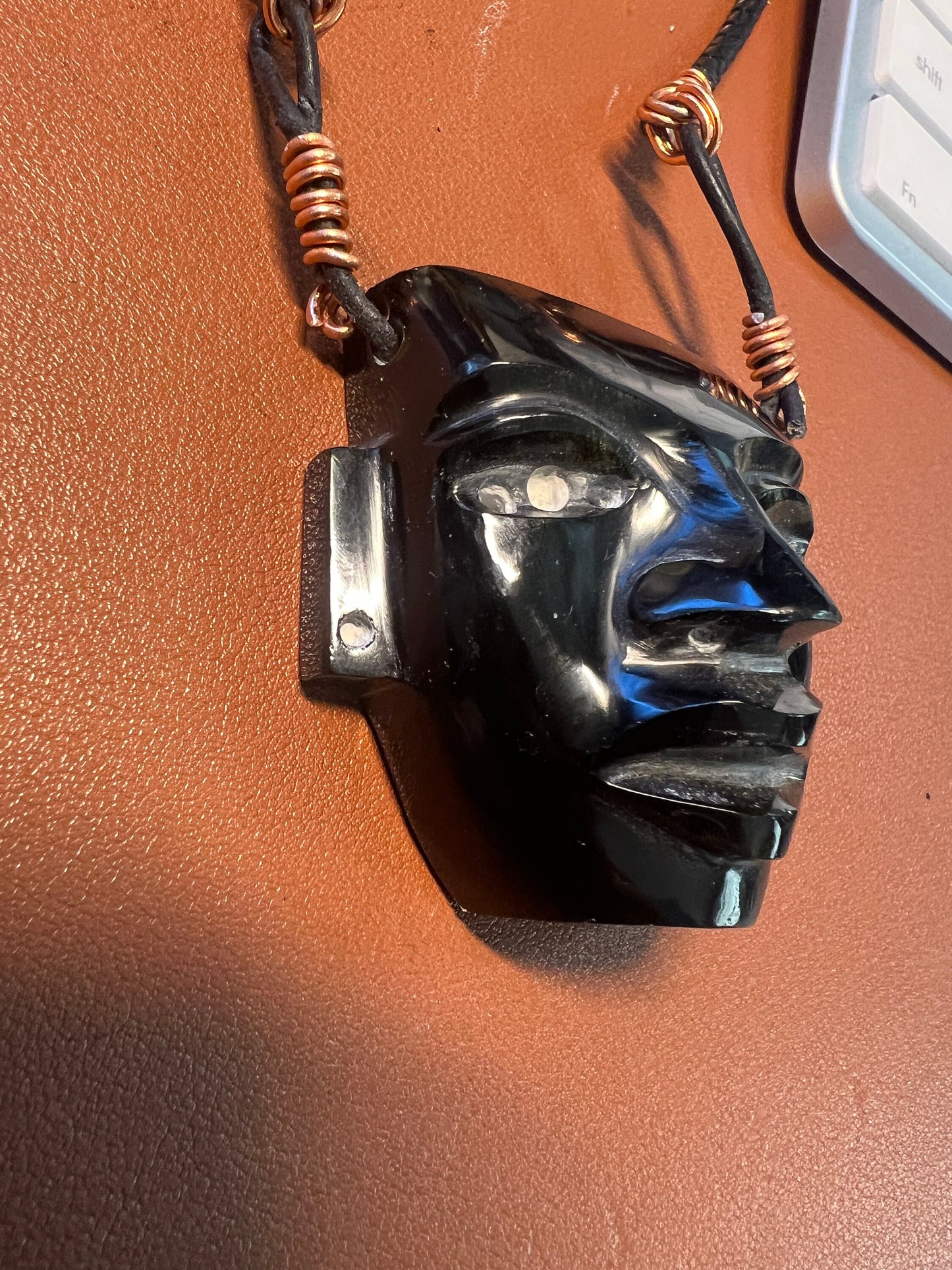 Black Gold Sheen Obsidian Mayan Mask Pendant Necklace with Braided Necklace and Copper Aluminum Bindings, (#A)