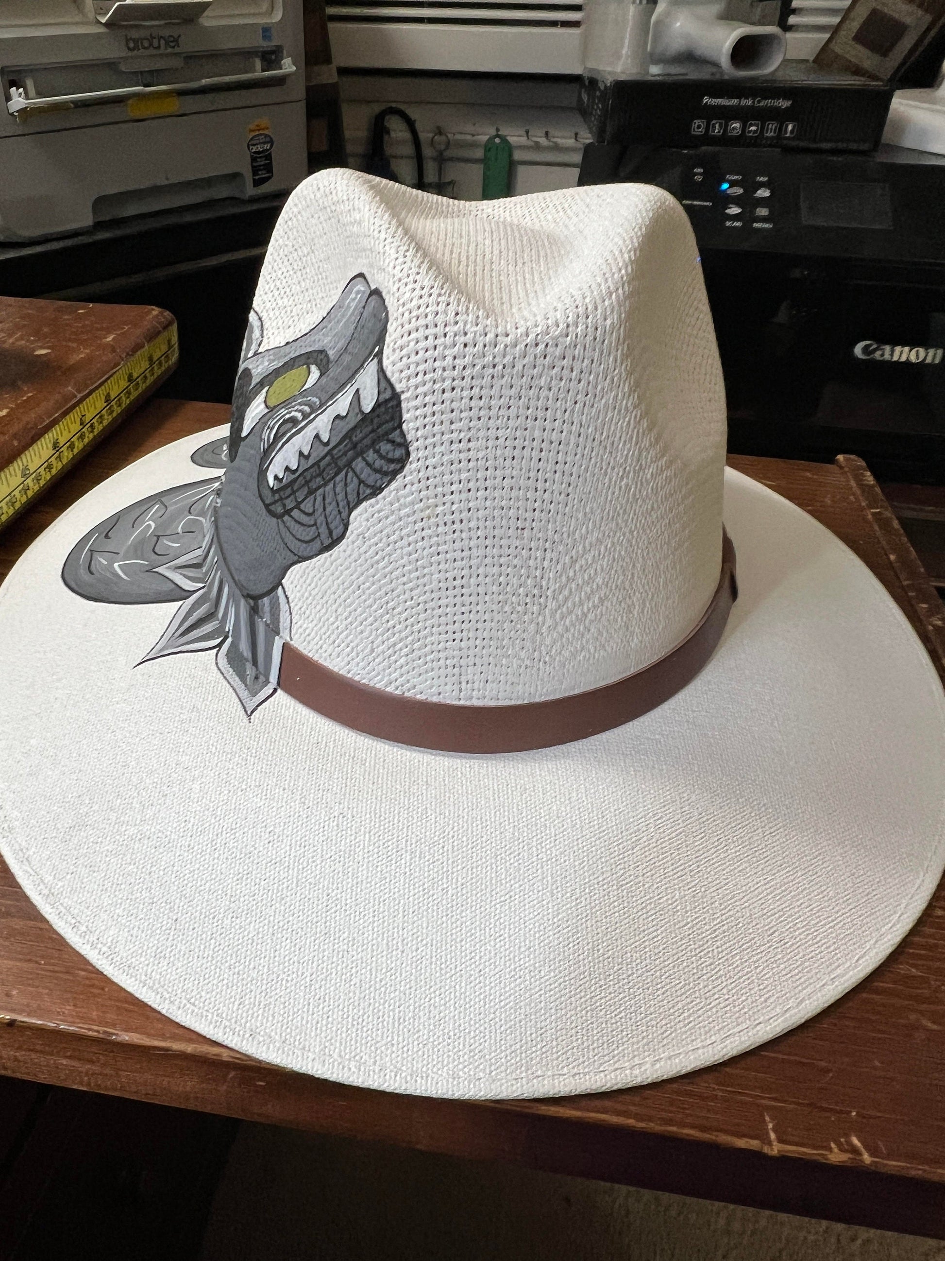 Hat, Quetzalcoatl, Aztec Plumed Serpent, White Straw Hat, Fedora, Beach Hat, Medium