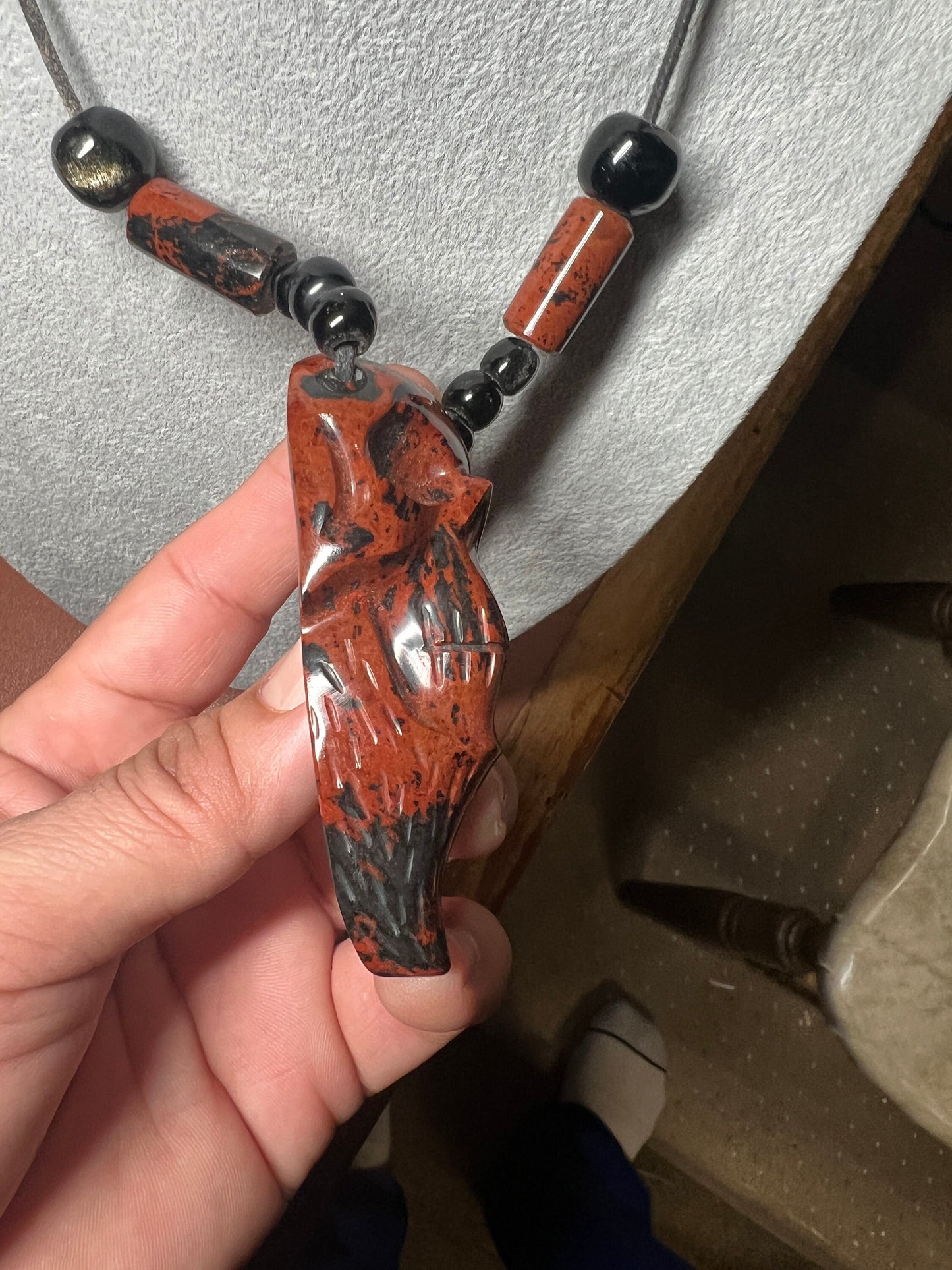 Mahogany Obsidian Mictlantecuitli Skull Necklace, obsidian beads, 23" long, Aztec, Mexican, Ancient, Pagan Deity, ethnic jewelry (#C)