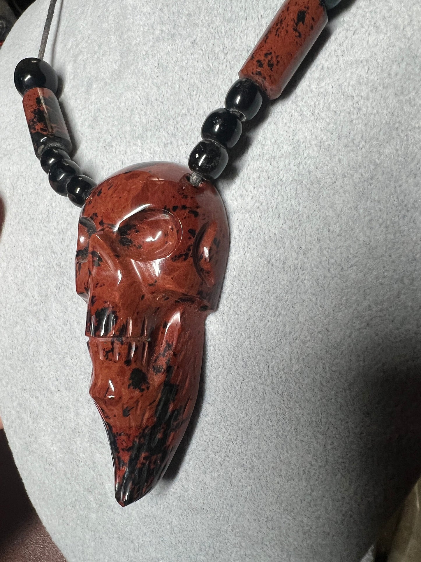 Mahogany Obsidian Mictlantecuitli Skull Necklace, obsidian beads, 23" long, Aztec, Mexican, Ancient, Pagan Deity, ethnic jewelry (#C)