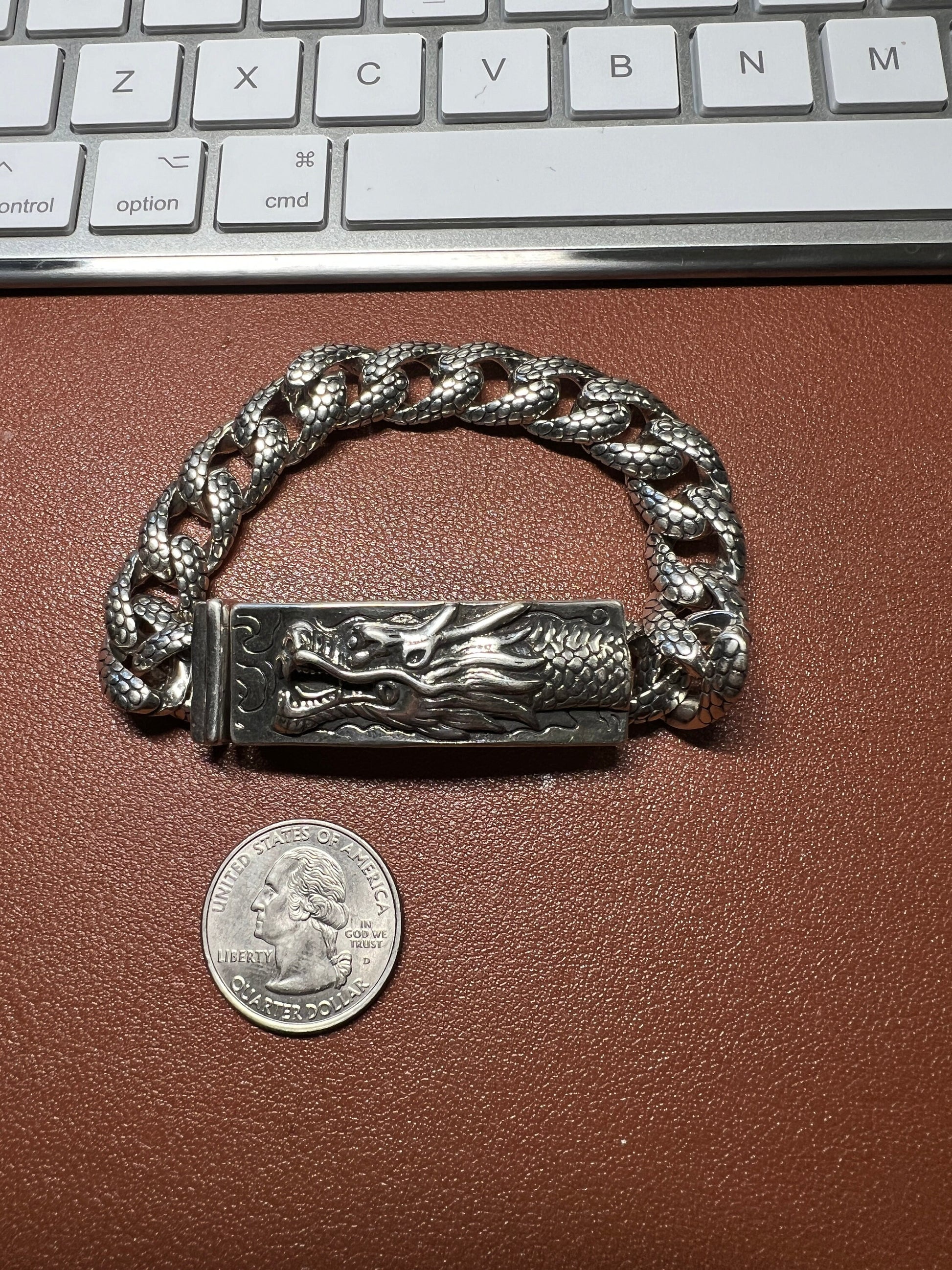 Dragon, Kukulkan, Quetzazlcoatl Chain Link Bracelet, s925 Sterling Silver, Mexica, Azteca, Mayan, Jewelry (#9)