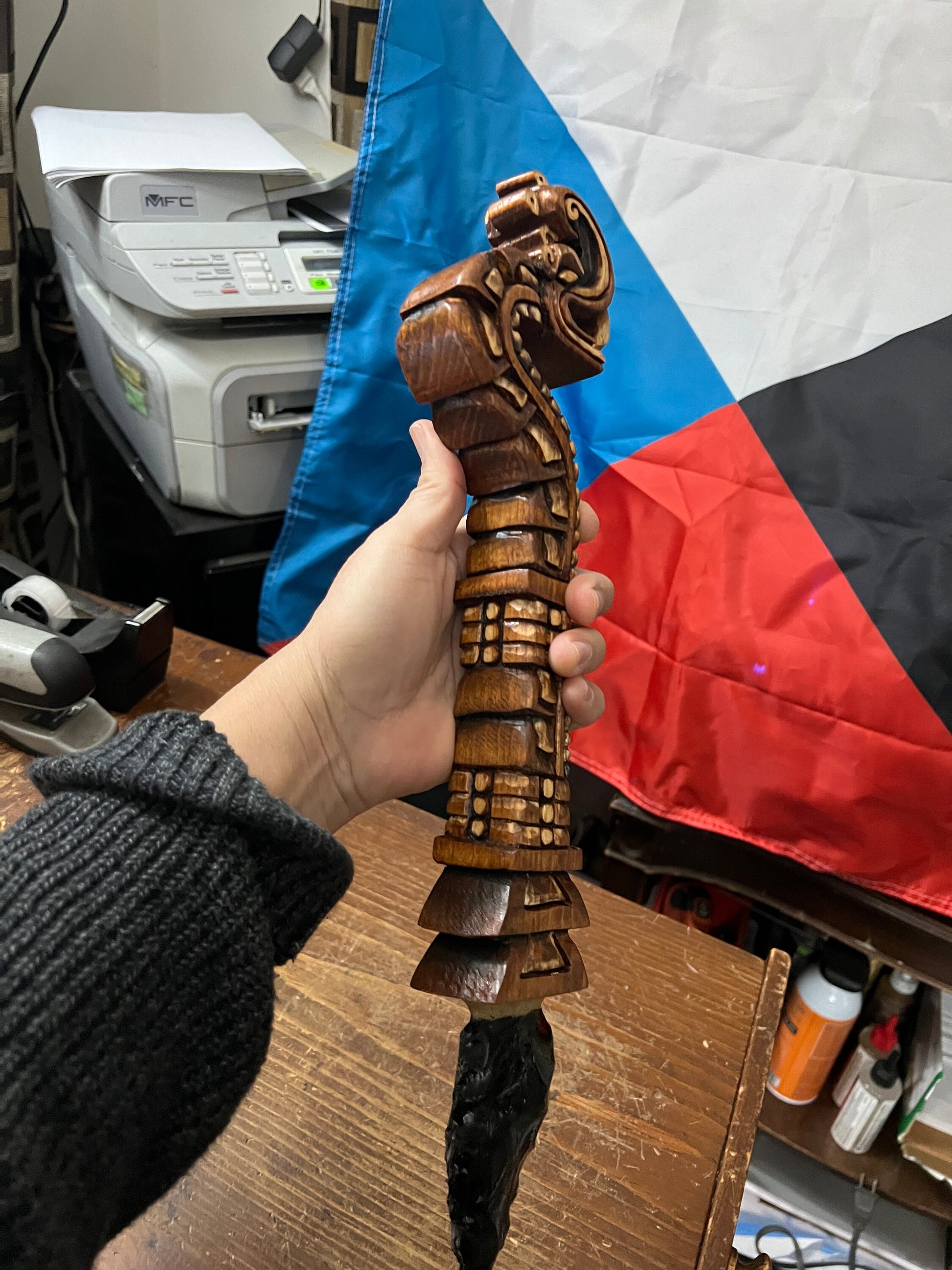 Huitzilopochtli's Xiuhcoatl Fire Serpent Weapon, Aztec Fire Serpent, Mexica Spear Thrower, Deep Wood Carved, 17" long, with Obsidian Blade