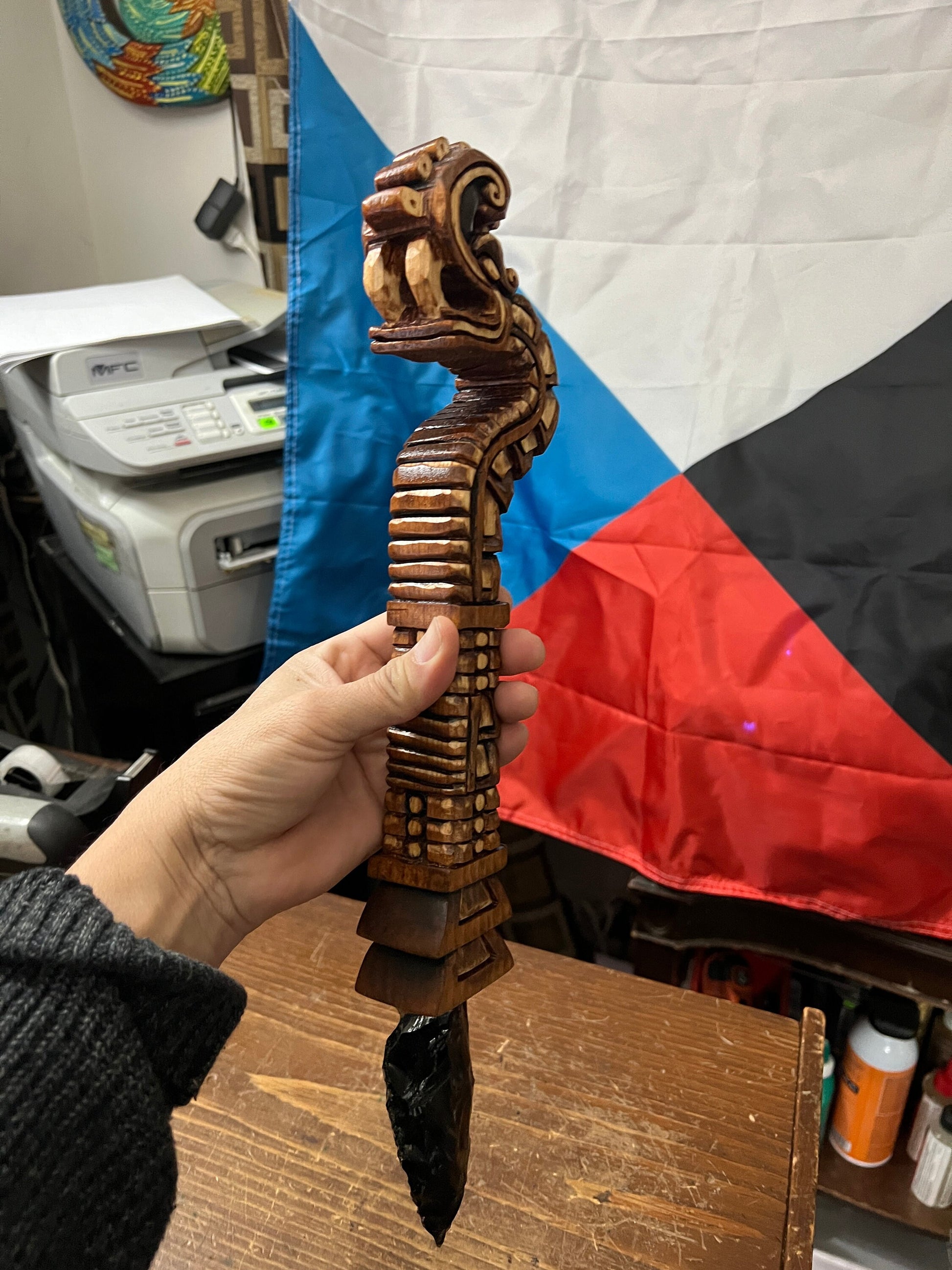 Huitzilopochtli's Xiuhcoatl Fire Serpent Weapon, Aztec Fire Serpent, Mexica Spear Thrower, Deep Wood Carved, 17" long, with Obsidian Blade