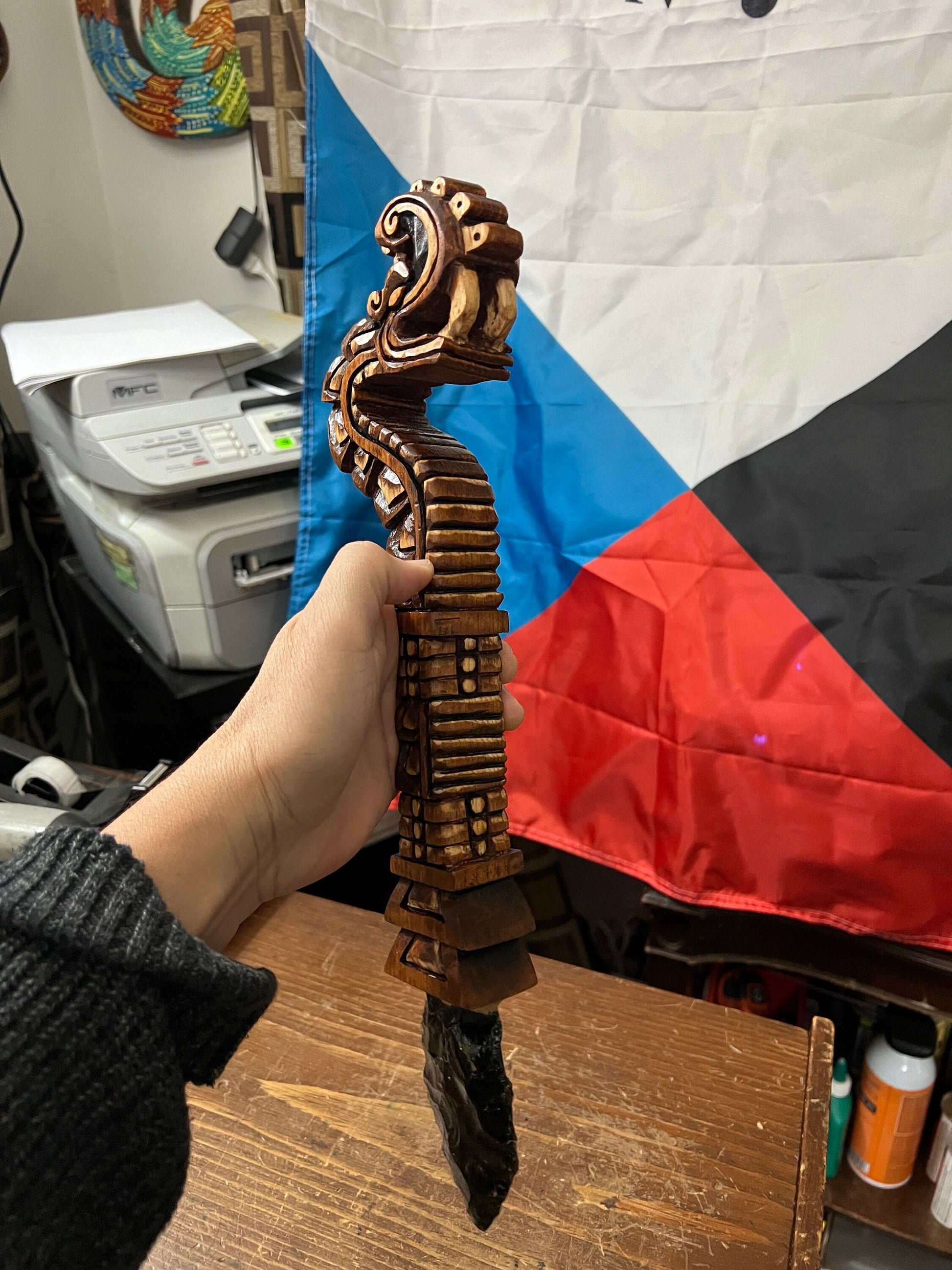 Huitzilopochtli's Xiuhcoatl Fire Serpent Weapon, Aztec Fire Serpent, Mexica Spear Thrower, Deep Wood Carved, 17" long, with Obsidian Blade