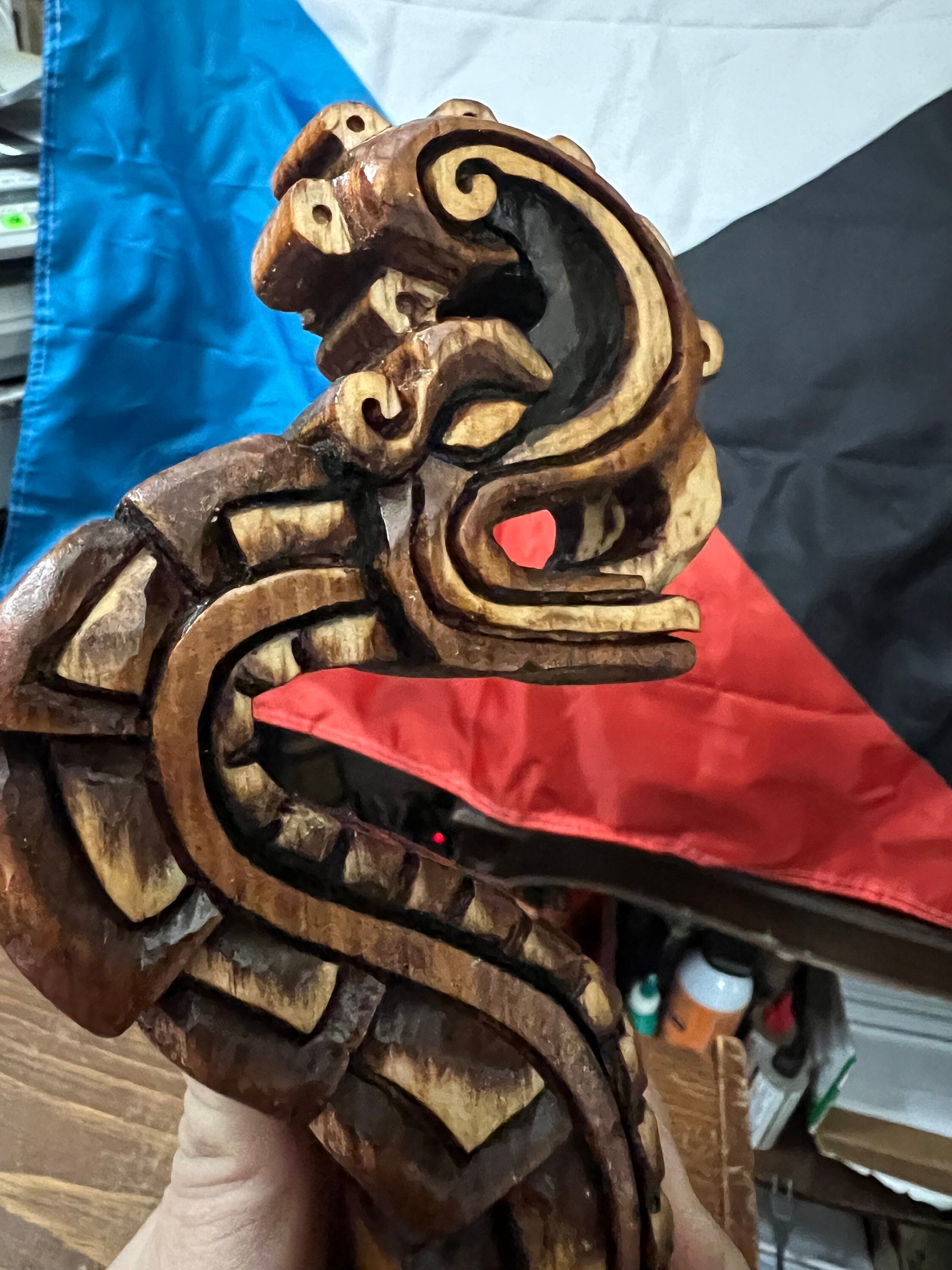 Huitzilopochtli's Xiuhcoatl Fire Serpent Weapon, Aztec Fire Serpent, Mexica Spear Thrower, Deep Wood Carved, 17" long, with Obsidian Blade