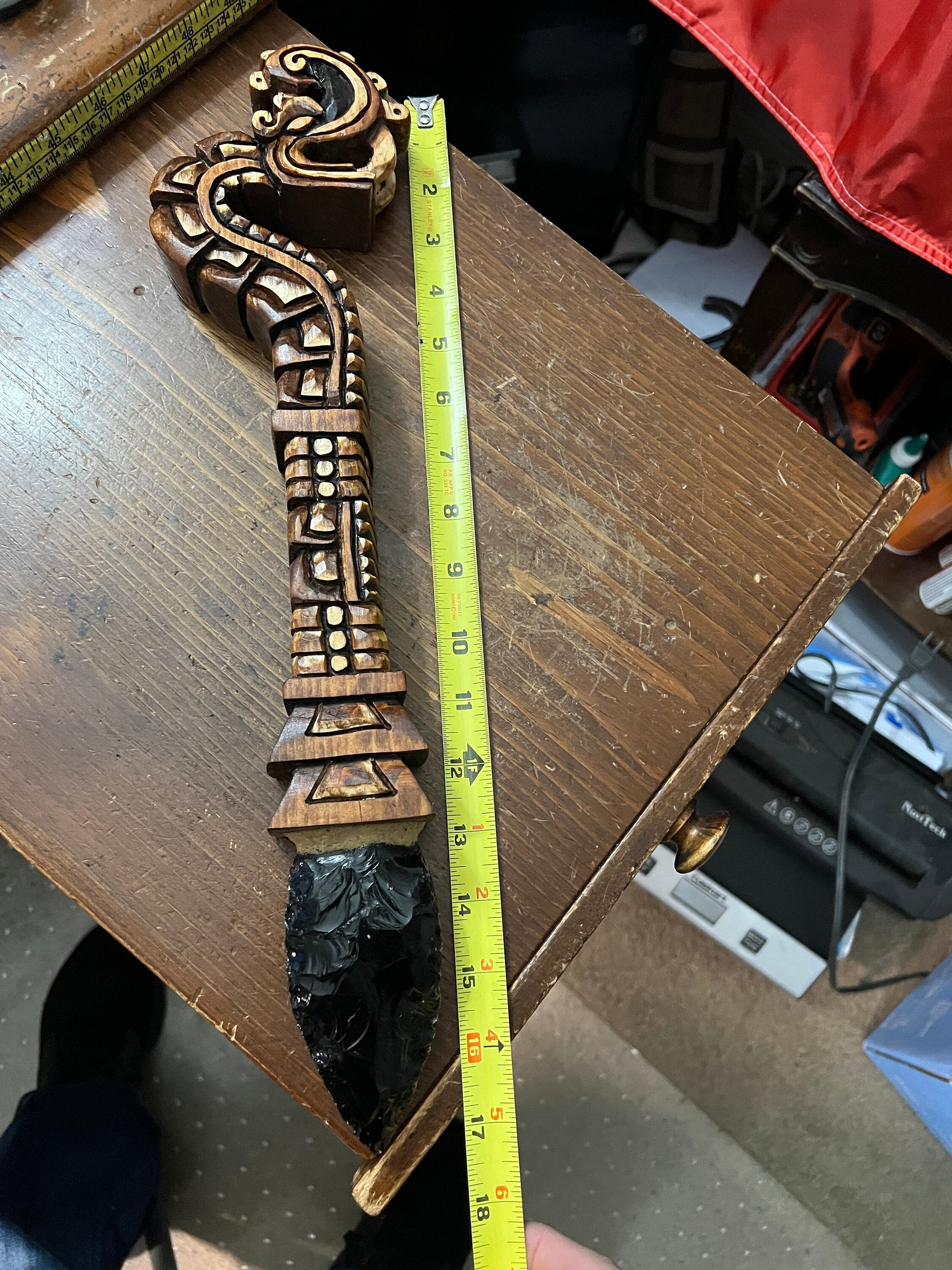 Huitzilopochtli's Xiuhcoatl Fire Serpent Weapon, Aztec Fire Serpent, Mexica Spear Thrower, Deep Wood Carved, 17" long, with Obsidian Blade