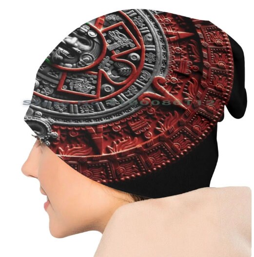 Beanie, 3D Graphic Aztec Tonatiuh Calendar Face God, Mexican Flag colors