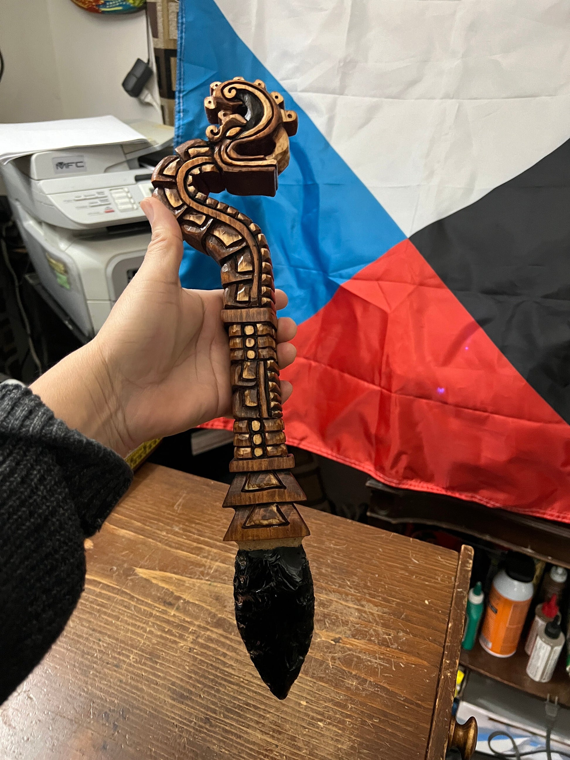 Huitzilopochtli's Xiuhcoatl Fire Serpent Weapon, Aztec Fire Serpent, Mexica Spear Thrower, Deep Wood Carved, 17" long, with Obsidian Blade