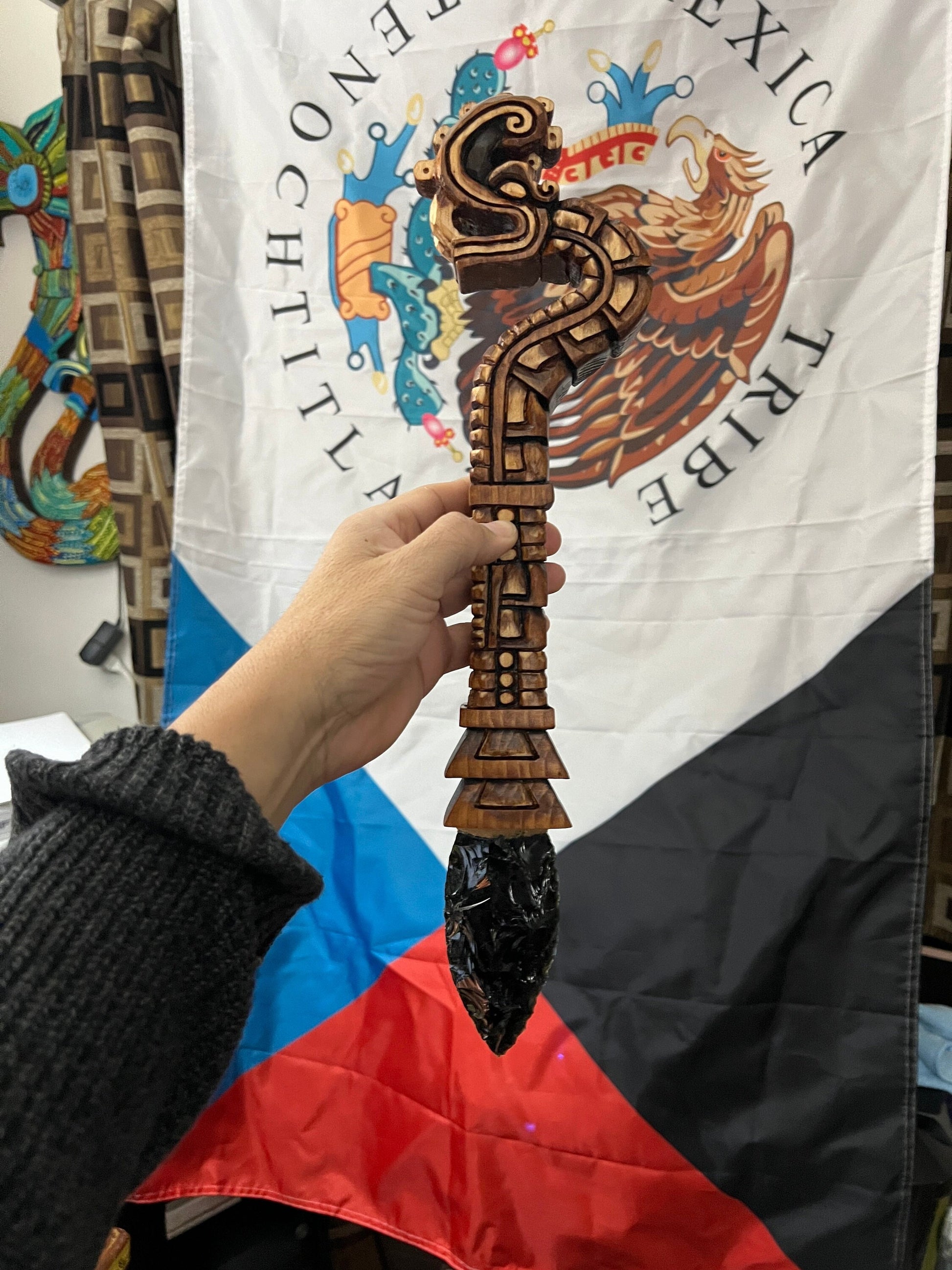 Huitzilopochtli's Xiuhcoatl Fire Serpent Weapon, Aztec Fire Serpent, Mexica Spear Thrower, Deep Wood Carved, 17" long, with Obsidian Blade