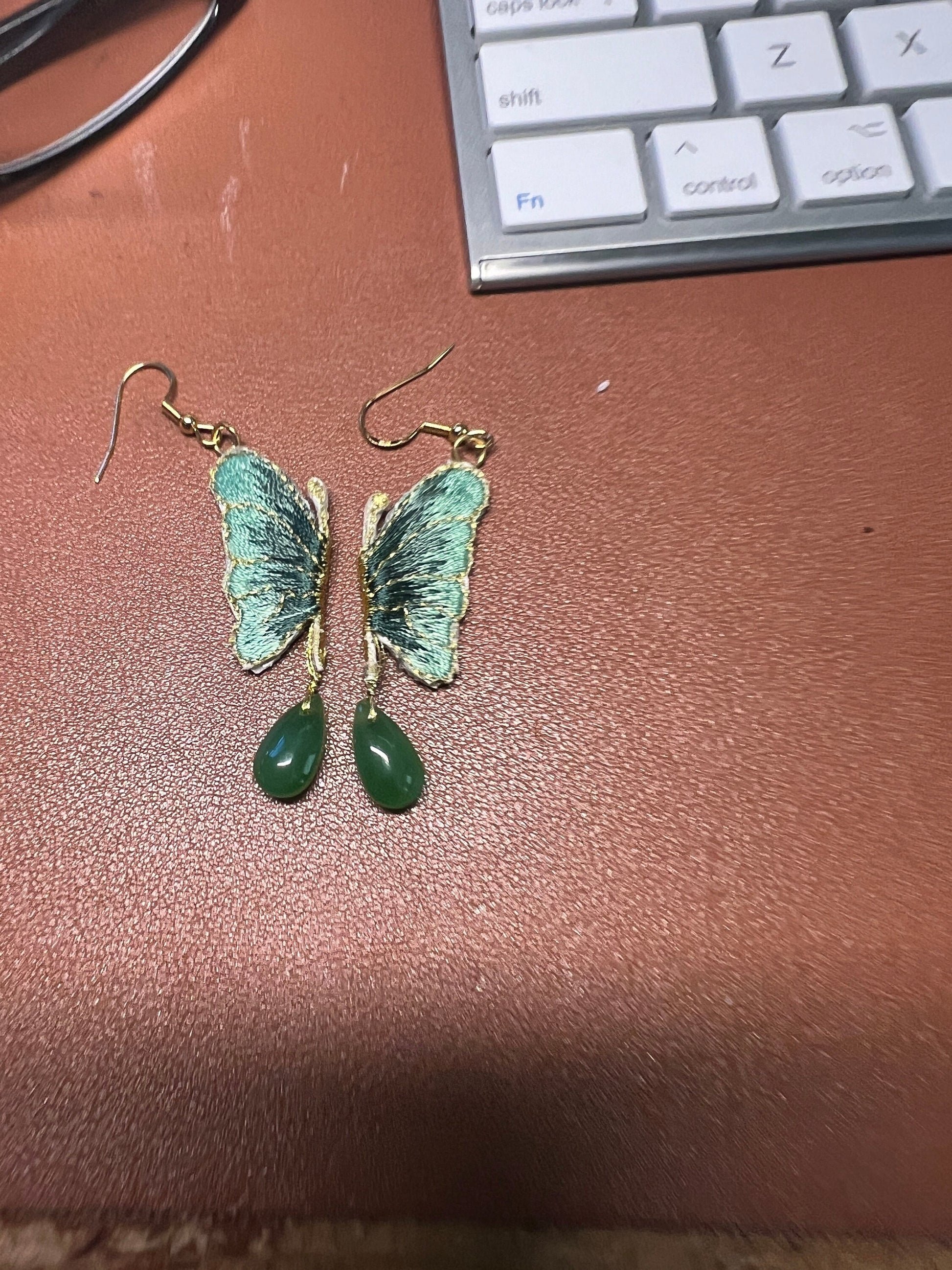 Butterfly Jade and Embroidered Dangle Earrings, 925 sterling silver gold plated (#9)