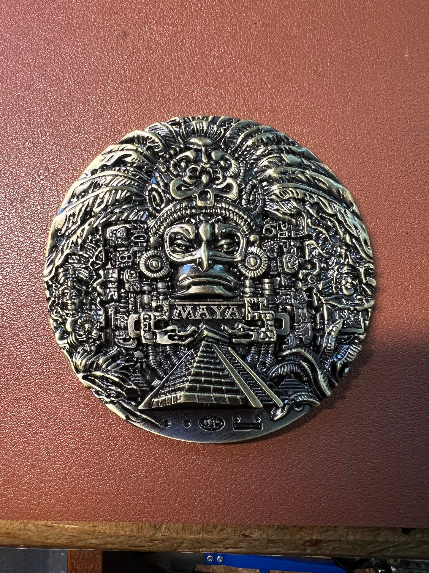 Maya and Aztec Medallion, Bronze Color Alloy Doubloon, Double Sided, Paper Weight, Souvenir Mexico, Cancun (#12)