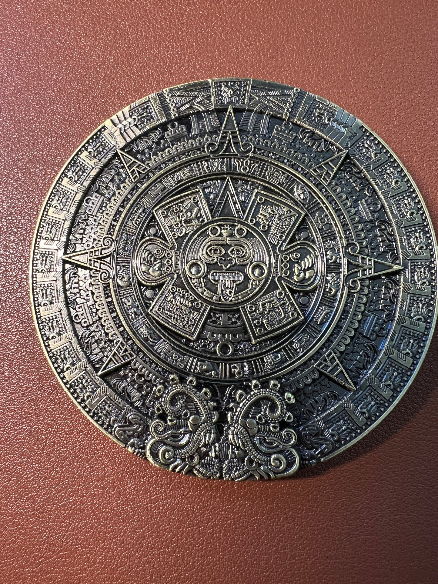 Maya and Aztec Medallion, Bronze Color Alloy Doubloon, Double Sided, Paper Weight, Souvenir Mexico, Cancun (#12)