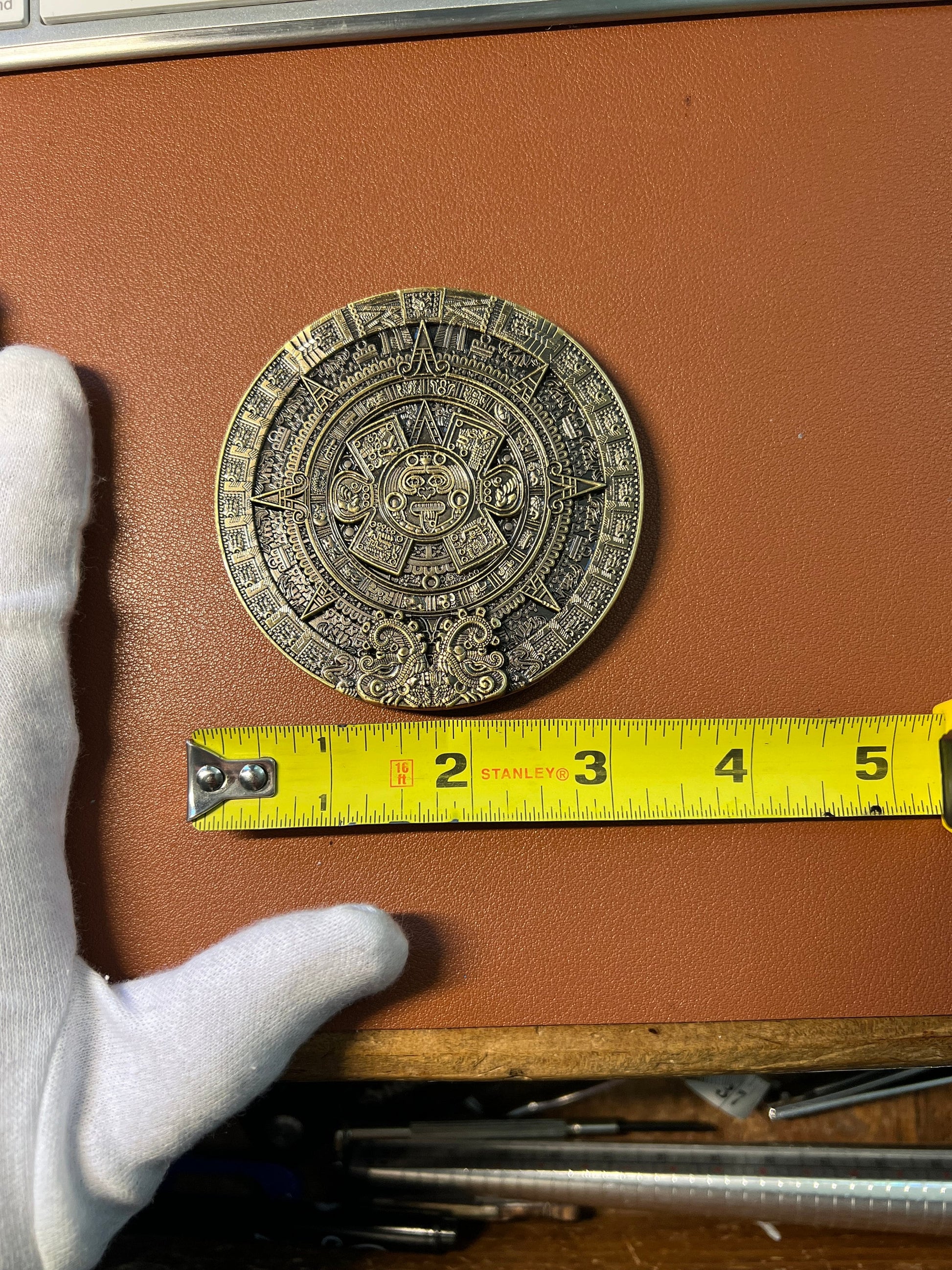 Maya and Aztec Medallion, Bronze Color Alloy Doubloon, Double Sided, Paper Weight, Souvenir Mexico, Cancun (#12)