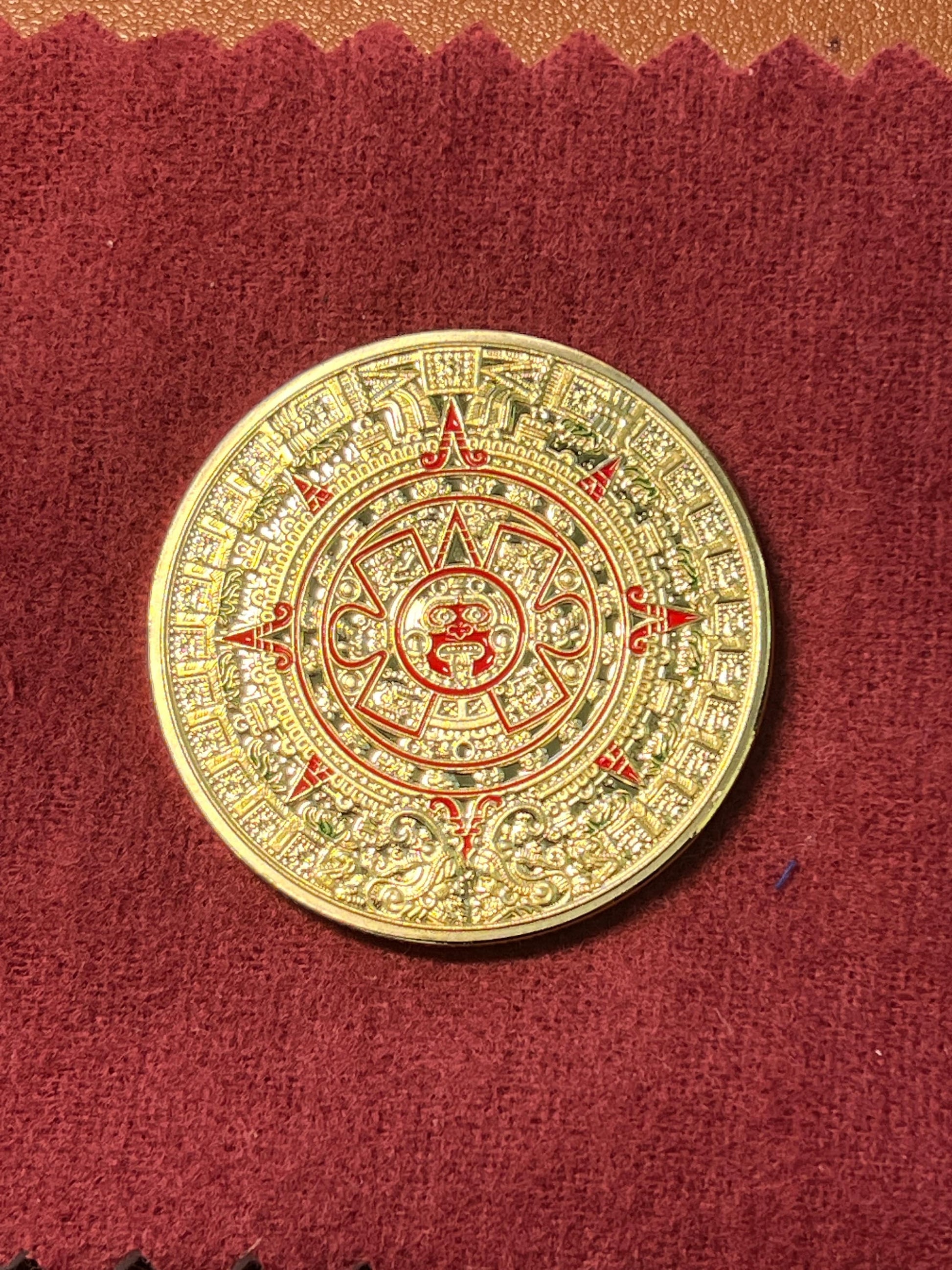 Aztec Gold Calendar Souvenir, Token, Medallion, Doubloon, ft. Tonatiuh, Ollin, and Quetzalcoatl the Feathered Serpent (#12)