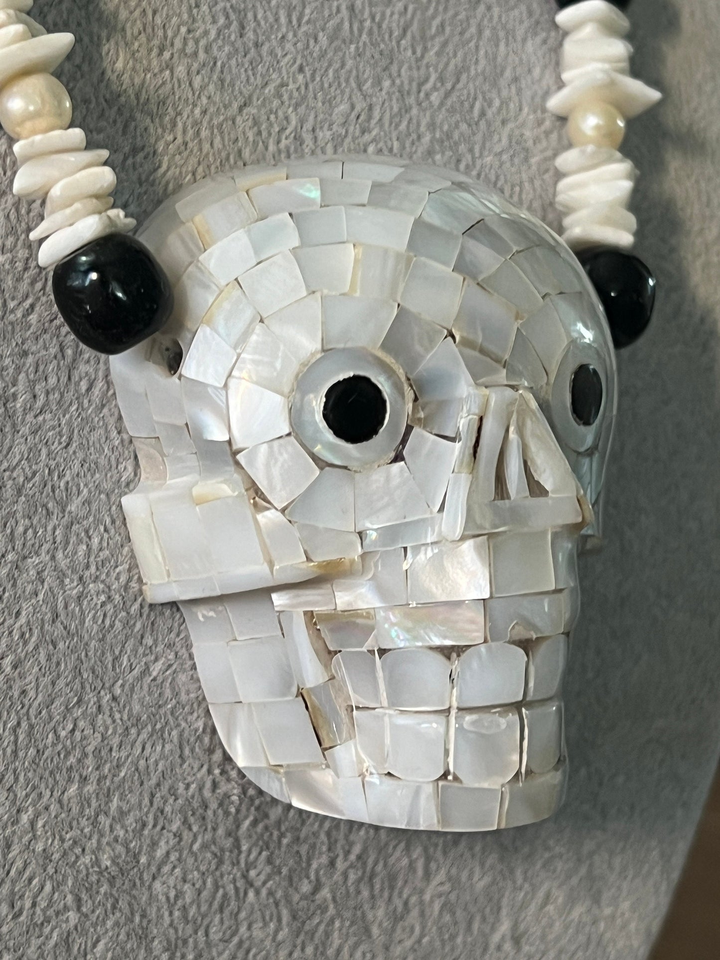 Large Heavy Aztec Skull Mictlantecuitli Necklace, Mother of Pearl, Obsidian, 21" long, rare, handmade, Mexica Indigenous Jewelry (#13)