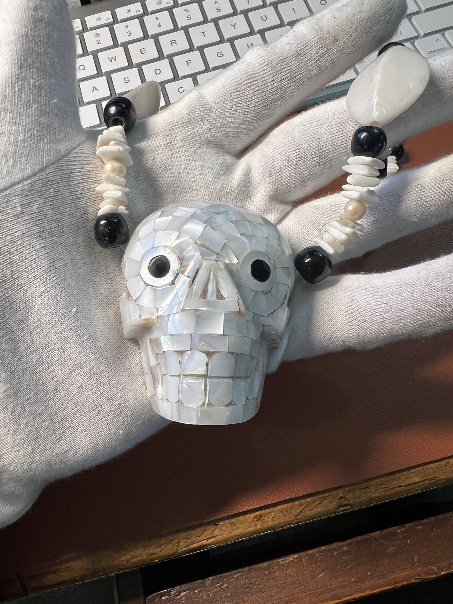 Large Heavy Aztec Skull Mictlantecuitli Necklace, Mother of Pearl, Obsidian, 21" long, rare, handmade, Mexica Indigenous Jewelry (#13)