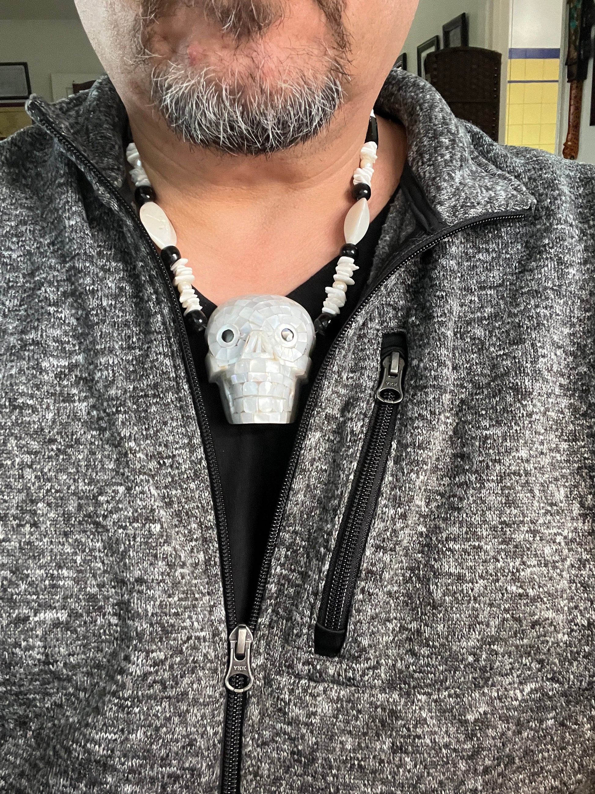 Large Heavy Aztec Skull Mictlantecuitli Necklace, Mother of Pearl, Obsidian, 21" long, rare, handmade, Mexica Indigenous Jewelry (#13)