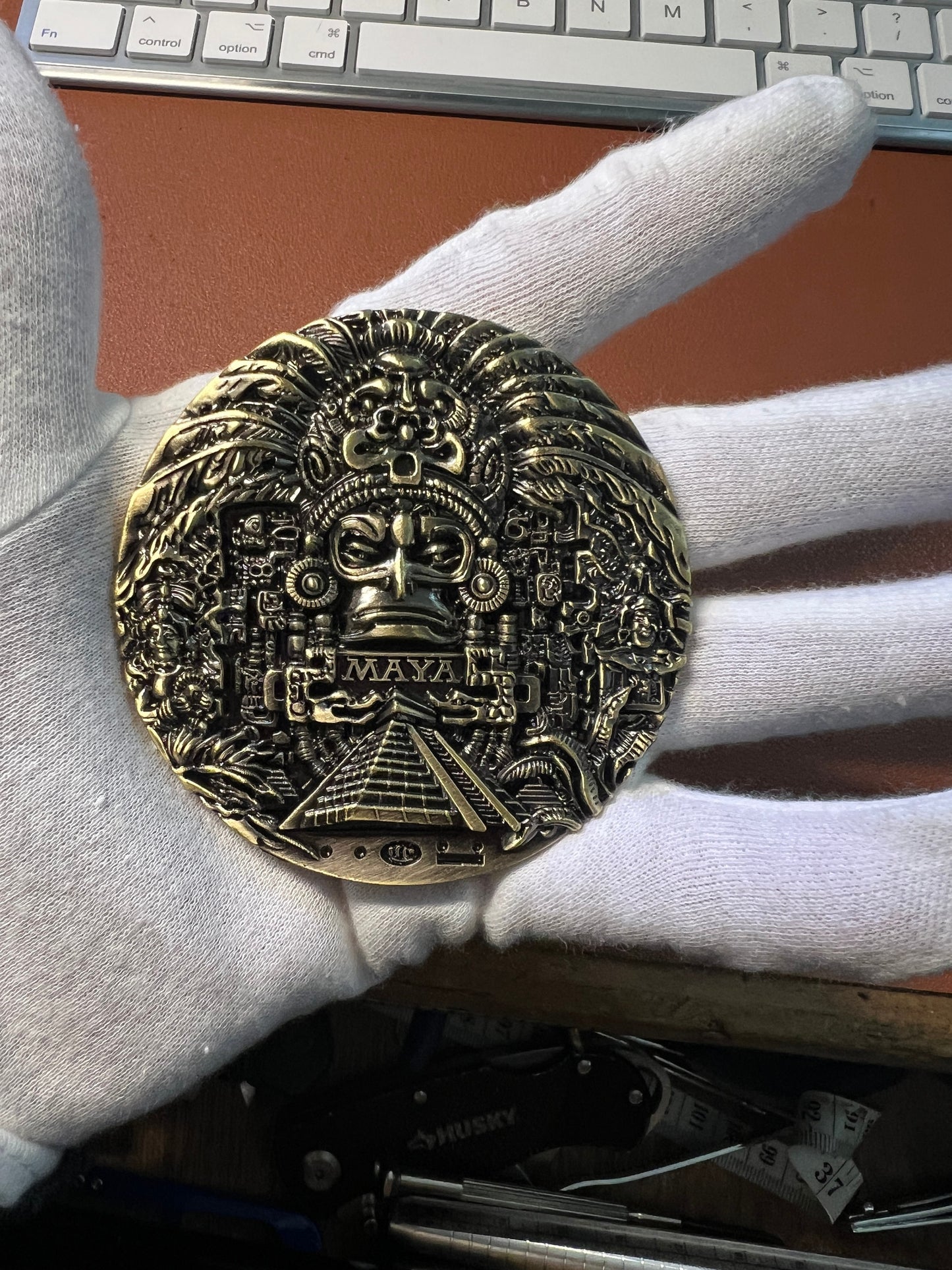 Maya and Aztec Medallion, Bronze Color Alloy Doubloon, Double Sided, Paper Weight, Souvenir Mexico, Cancun (#12)