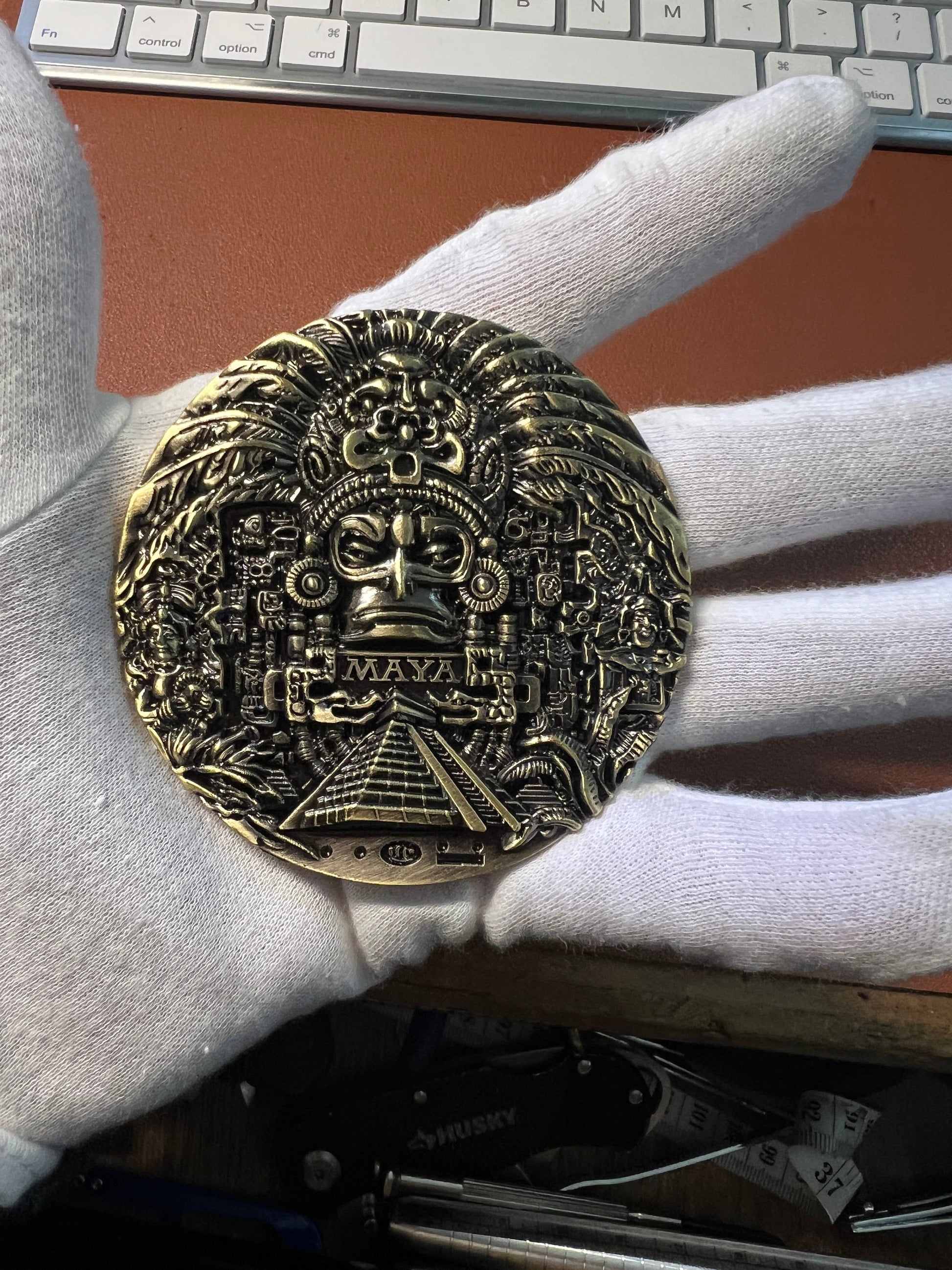 Maya and Aztec Medallion, Bronze Color Alloy Doubloon, Double Sided, Paper Weight, Souvenir Mexico, Cancun (#12)