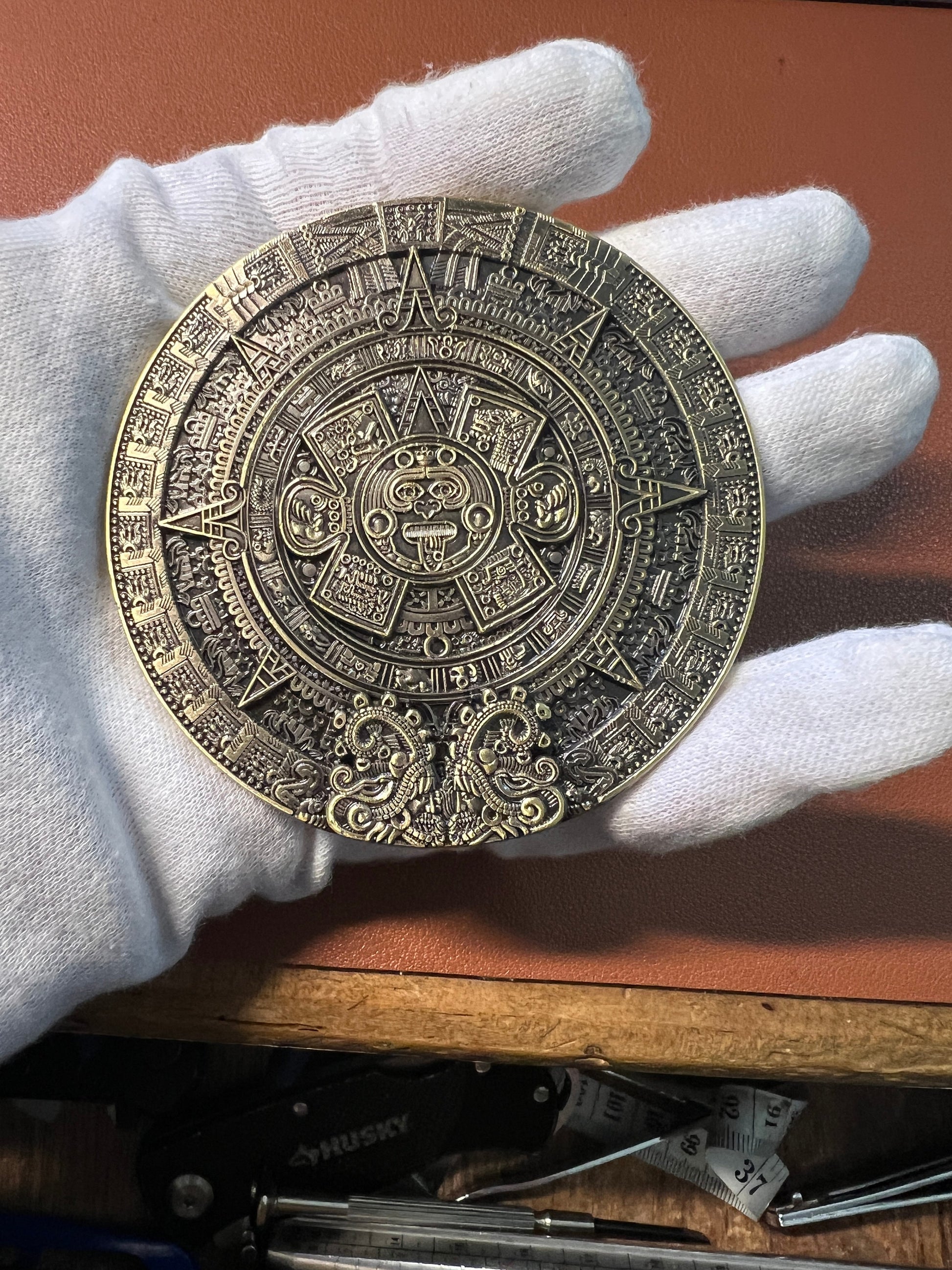 Maya and Aztec Medallion, Bronze Color Alloy Doubloon, Double Sided, Paper Weight, Souvenir Mexico, Cancun (#12)
