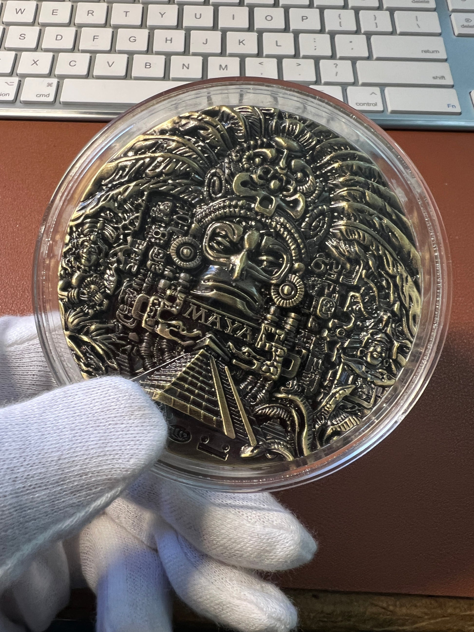 Maya and Aztec Medallion, Bronze Color Alloy Doubloon, Double Sided, Paper Weight, Souvenir Mexico, Cancun (#12)