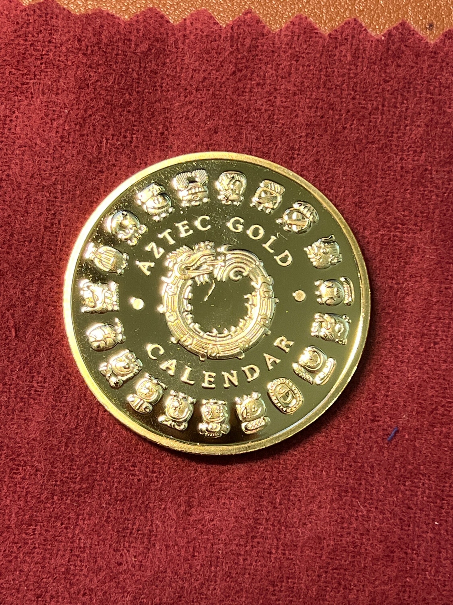 Aztec Gold Calendar Souvenir, Token, Medallion, Doubloon, ft. Tonatiuh, Ollin, and Quetzalcoatl the Feathered Serpent (#12)