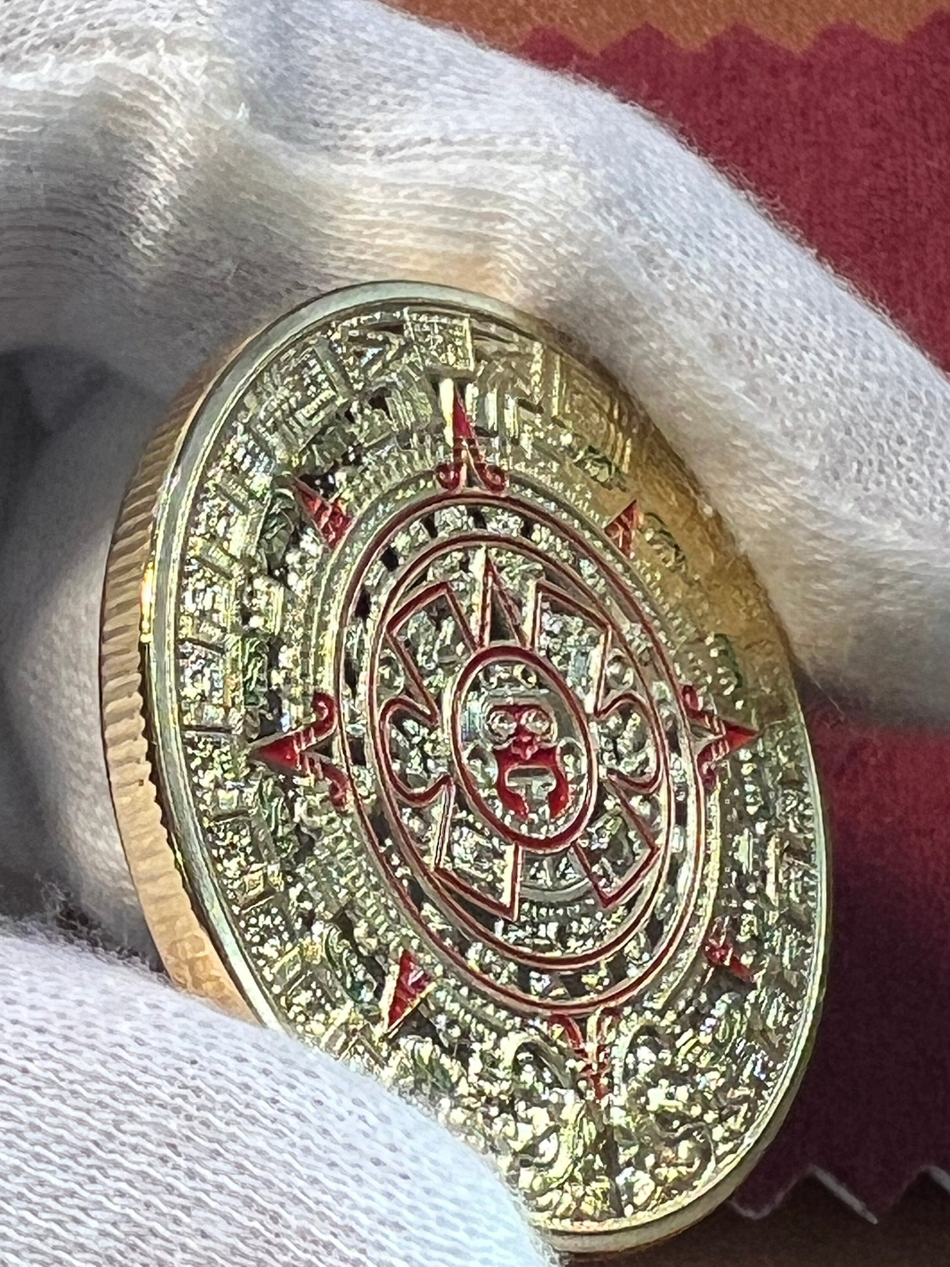 Aztec Gold Calendar Souvenir, Token, Medallion, Doubloon, ft. Tonatiuh, Ollin, and Quetzalcoatl the Feathered Serpent (#12)