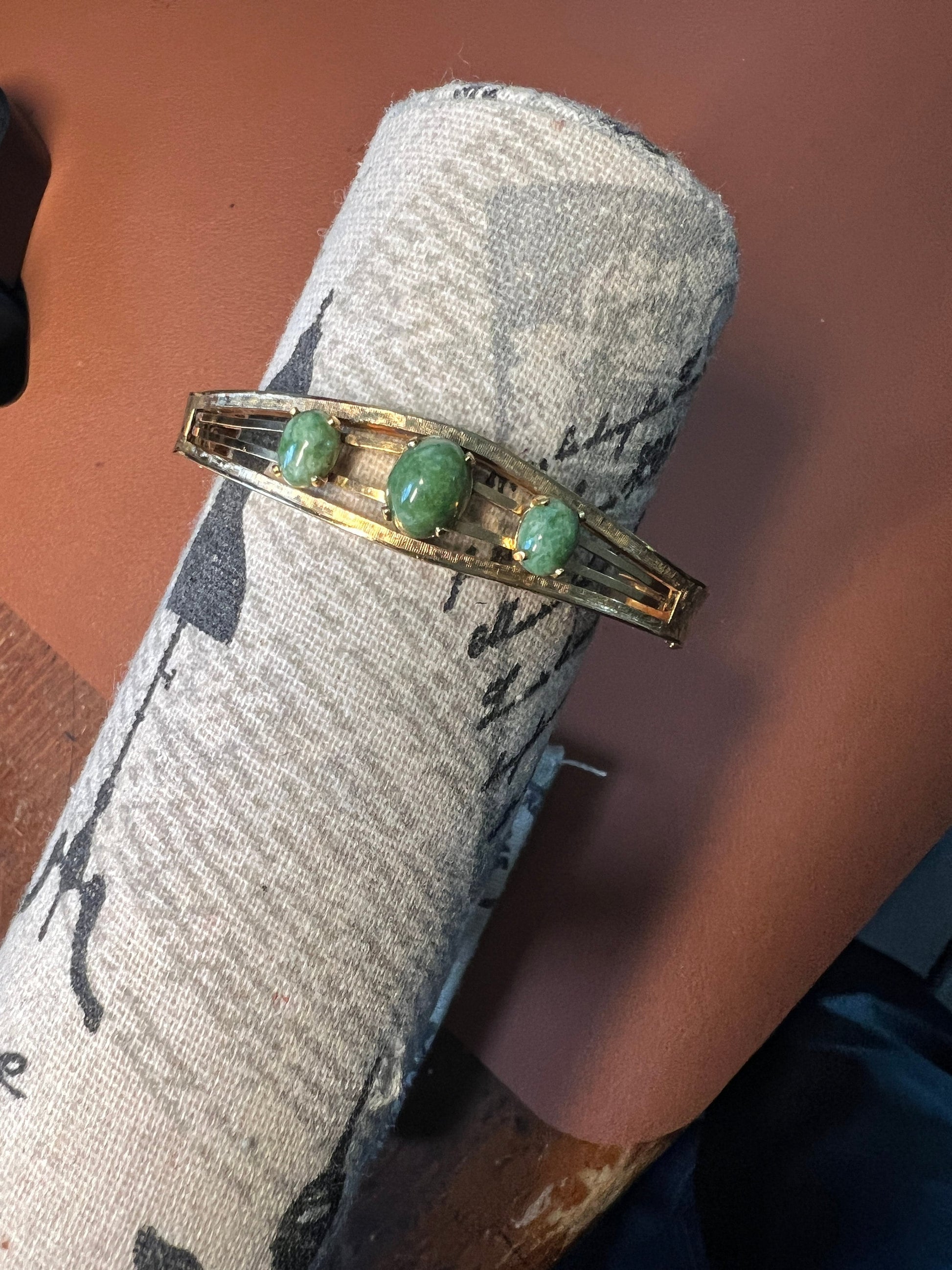 Vintage Carl-Art 12K Gold Filled Green Jade Bracelet - Gold Hinged Nephrite Jade (#12)