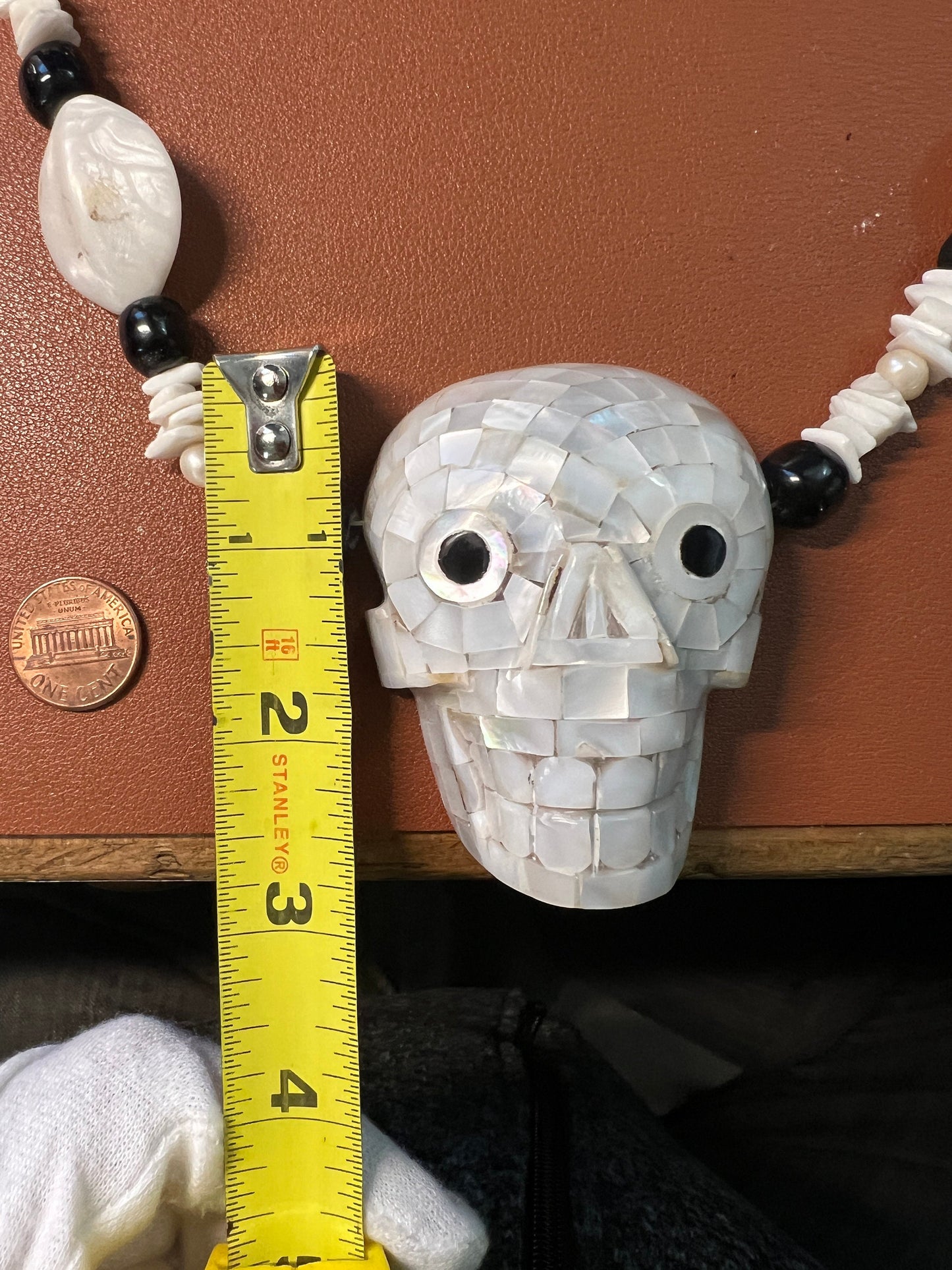 Large Heavy Aztec Skull Mictlantecuitli Necklace, Mother of Pearl, Obsidian, 21" long, rare, handmade, Mexica Indigenous Jewelry (#13)