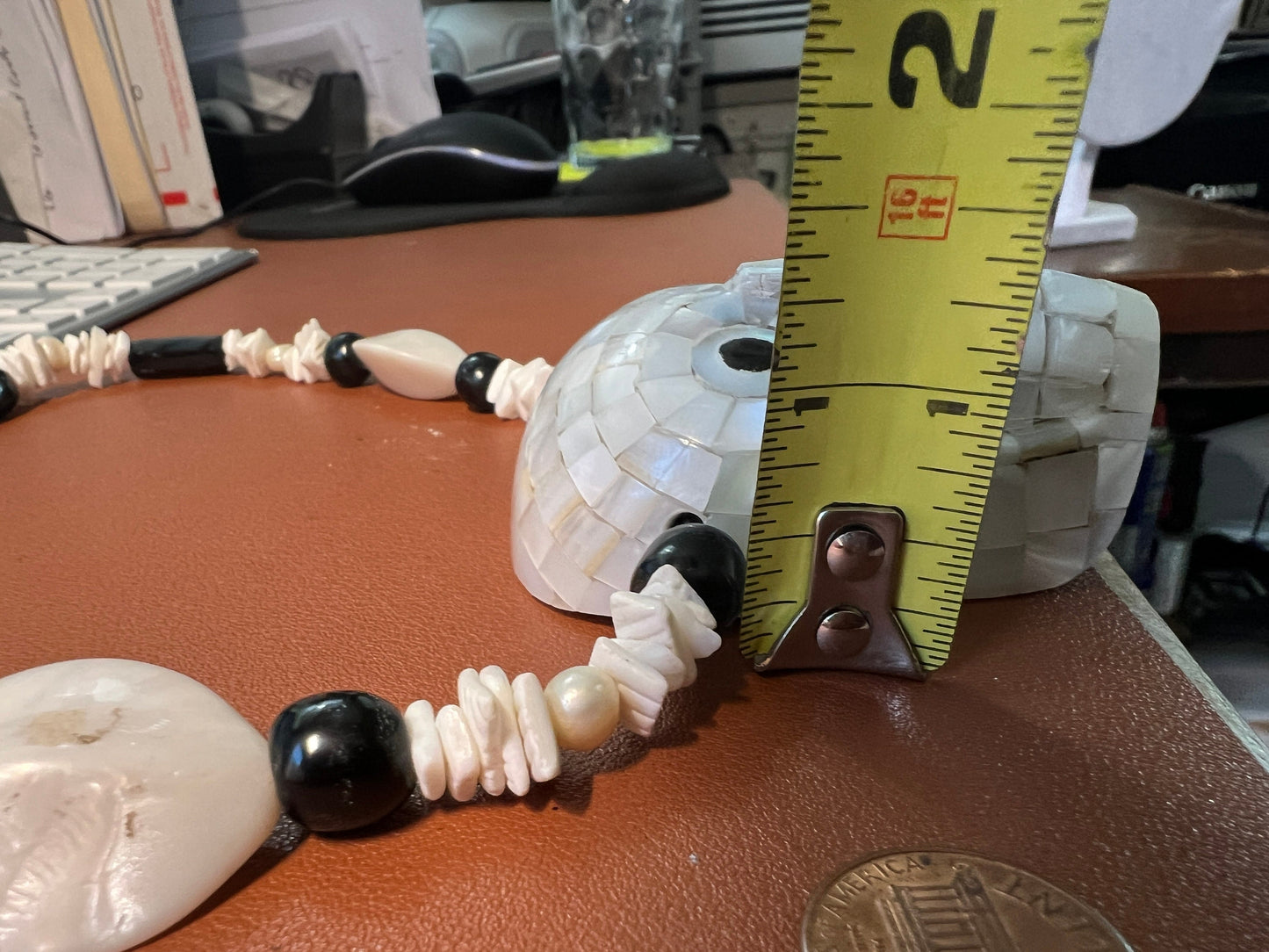 Large Heavy Aztec Skull Mictlantecuitli Necklace, Mother of Pearl, Obsidian, 21" long, rare, handmade, Mexica Indigenous Jewelry (#13)