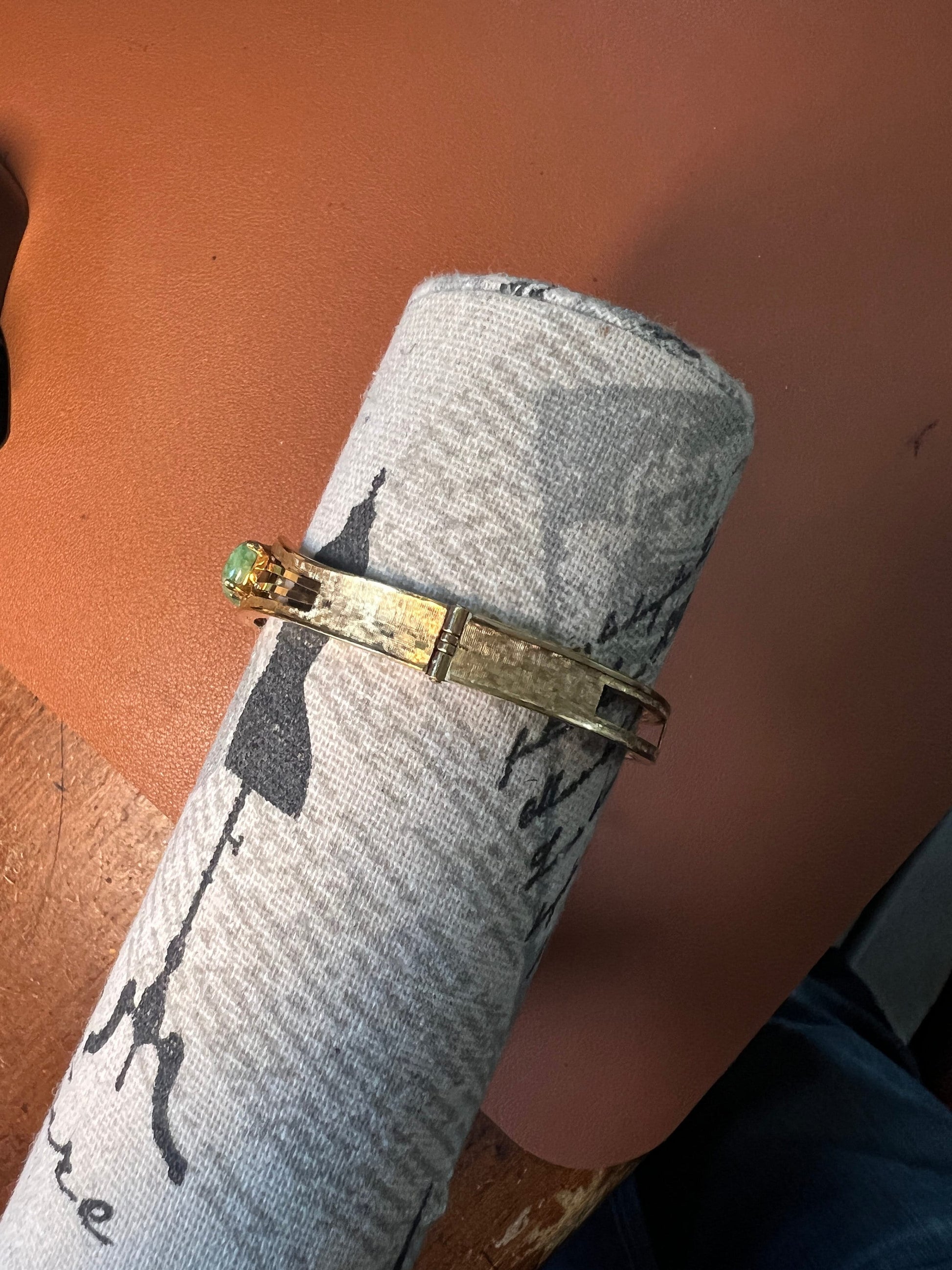 Vintage Carl-Art 12K Gold Filled Green Jade Bracelet - Gold Hinged Nephrite Jade (#12)