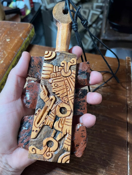 Mini Macuahuitl Azteca Necklace, feature Tezcatlipoca, the Smoking Mirror, Aztec God, Carved, Mahogany obsidian, Blades, Hangable Art handmade 8in.