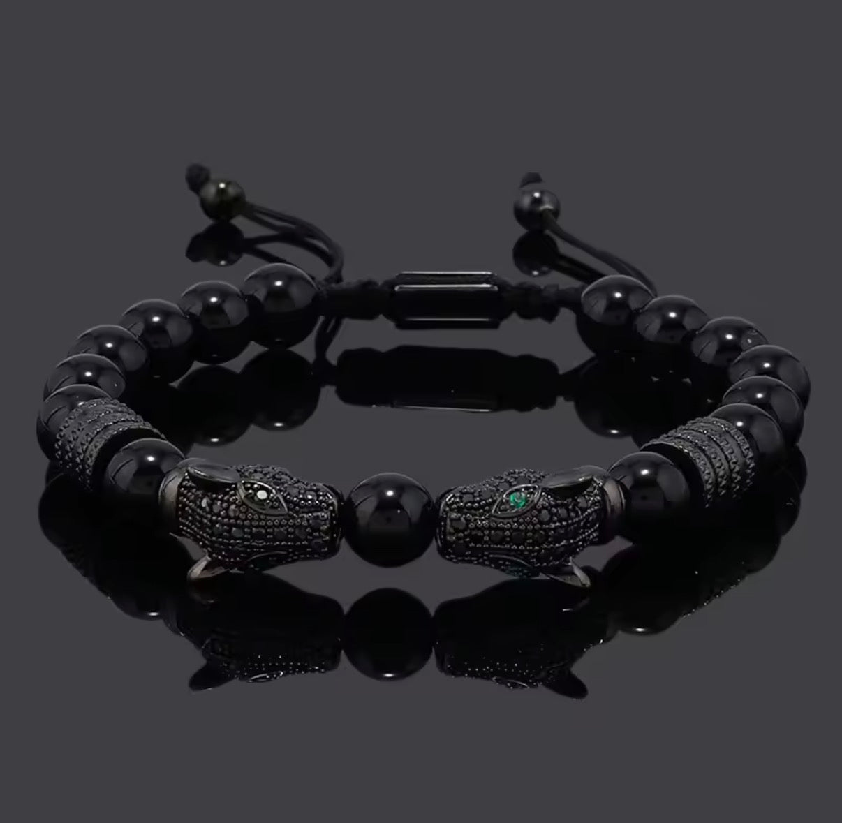 Kissing Mayan Jaguars Obsidian Stone Beads Bracelet Bracelets Men or Women (#14)