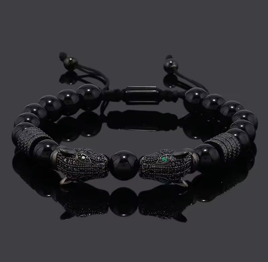 Kissing Mayan Jaguars Obsidian Stone Beads Bracelet Bracelets Men or Women (#14)