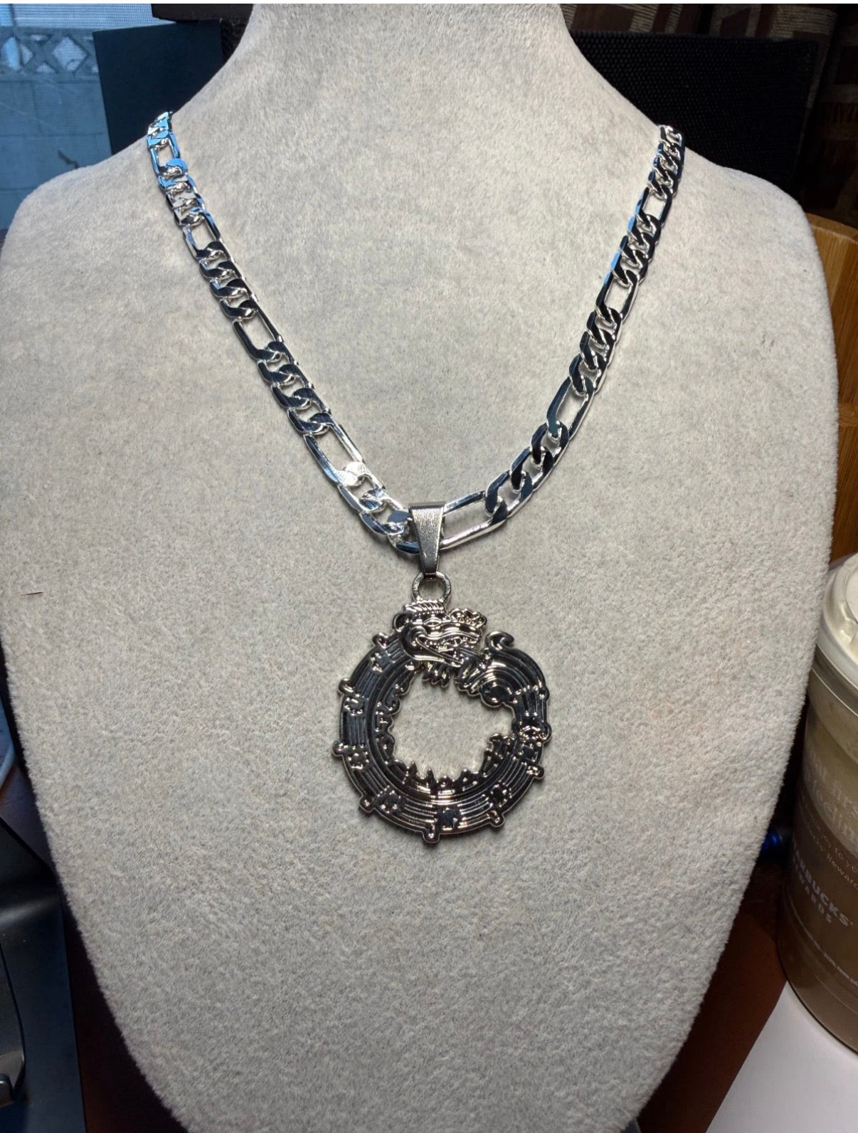 Aztec Quetzalcoatl Mayan Kukulkan Dragon Necklace, Silver Tone Metal, Mexican #H