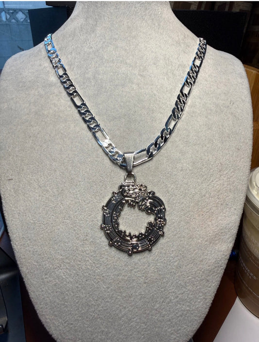Aztec Quetzalcoatl Mayan Kukulkan Dragon Necklace, Silver Tone Metal, Mexican #H