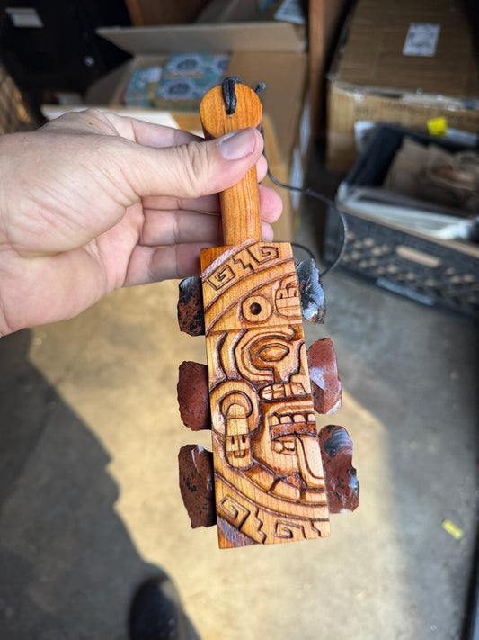 Small Macuahuitl, Aztec, TONATIUH, Mexican Carved, Mahogany / Black Obsidian Blades, Hangable Art handmade 8.25"