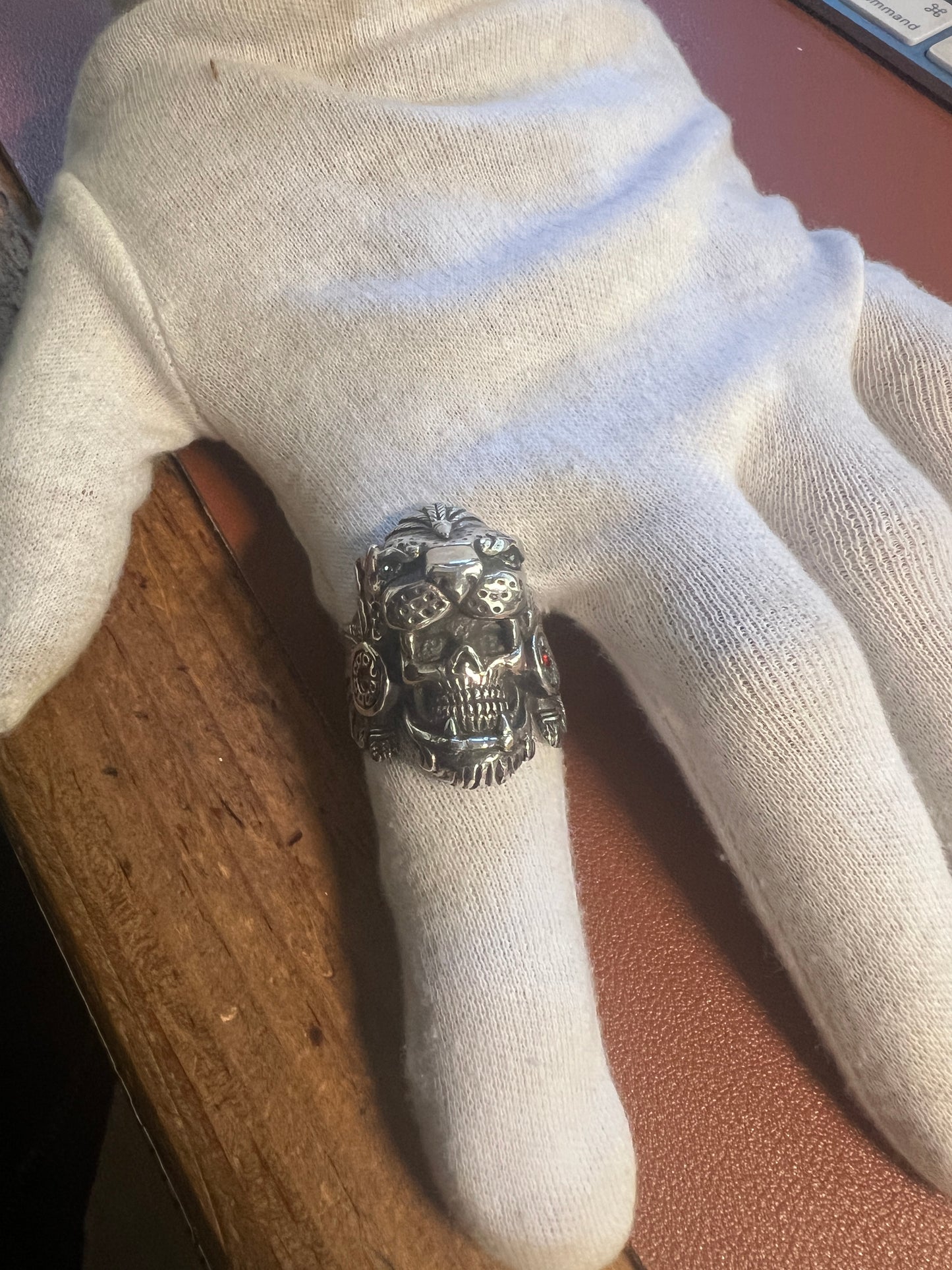 Jaguar Warrior Ring, Azteca, Maya, Sterling Silver, Size 13, with Red and Agua Marina Zirconia from Mexico (#10)